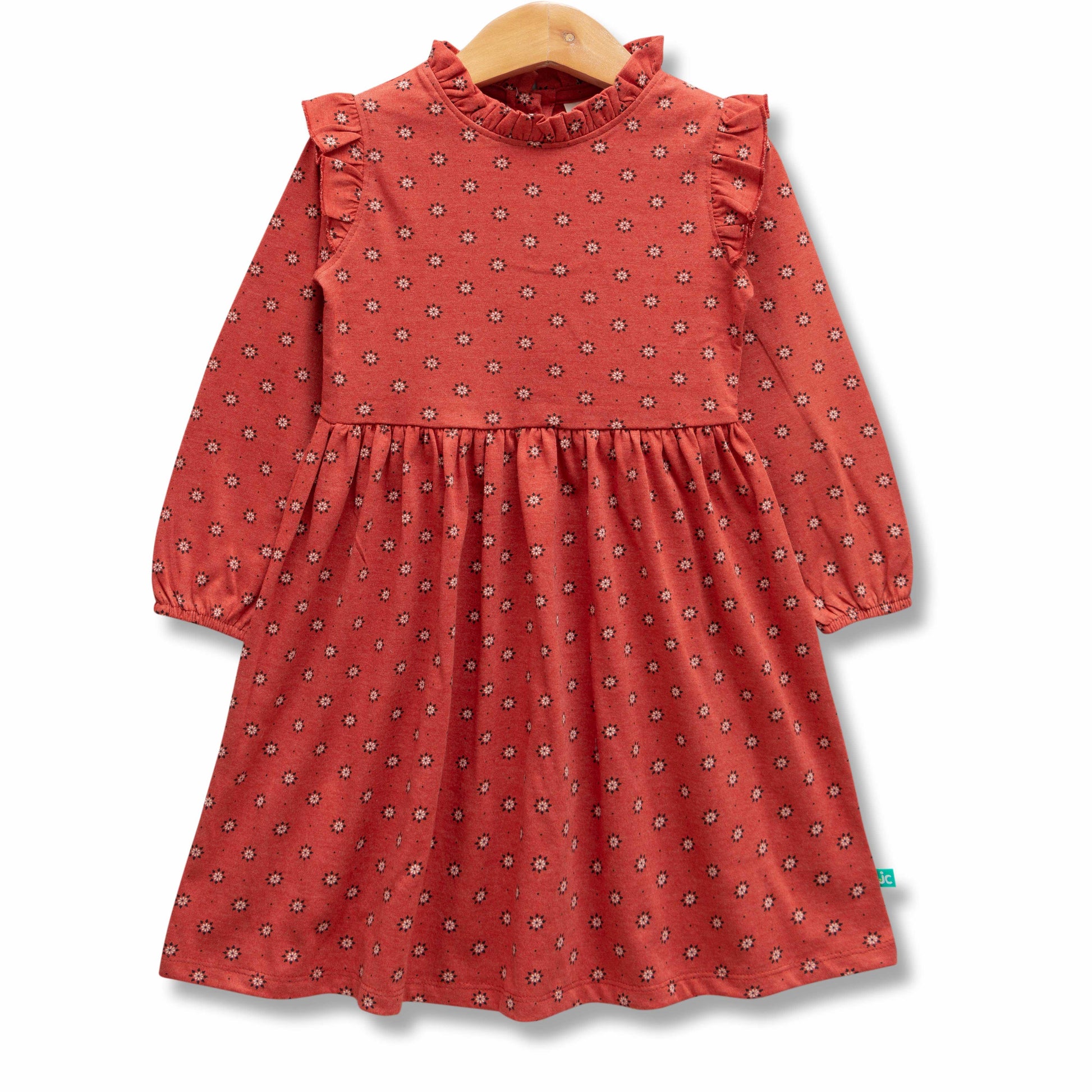 "Baby Girls' Red Floral Print Cotton Dress with Ruffle Details and Long Sleeves"