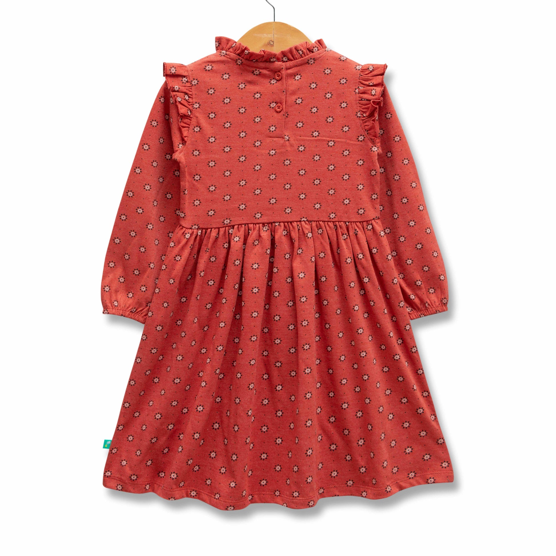 "Baby Girls' Red Floral Print Cotton Dress with Ruffle Details and Long Sleeves"