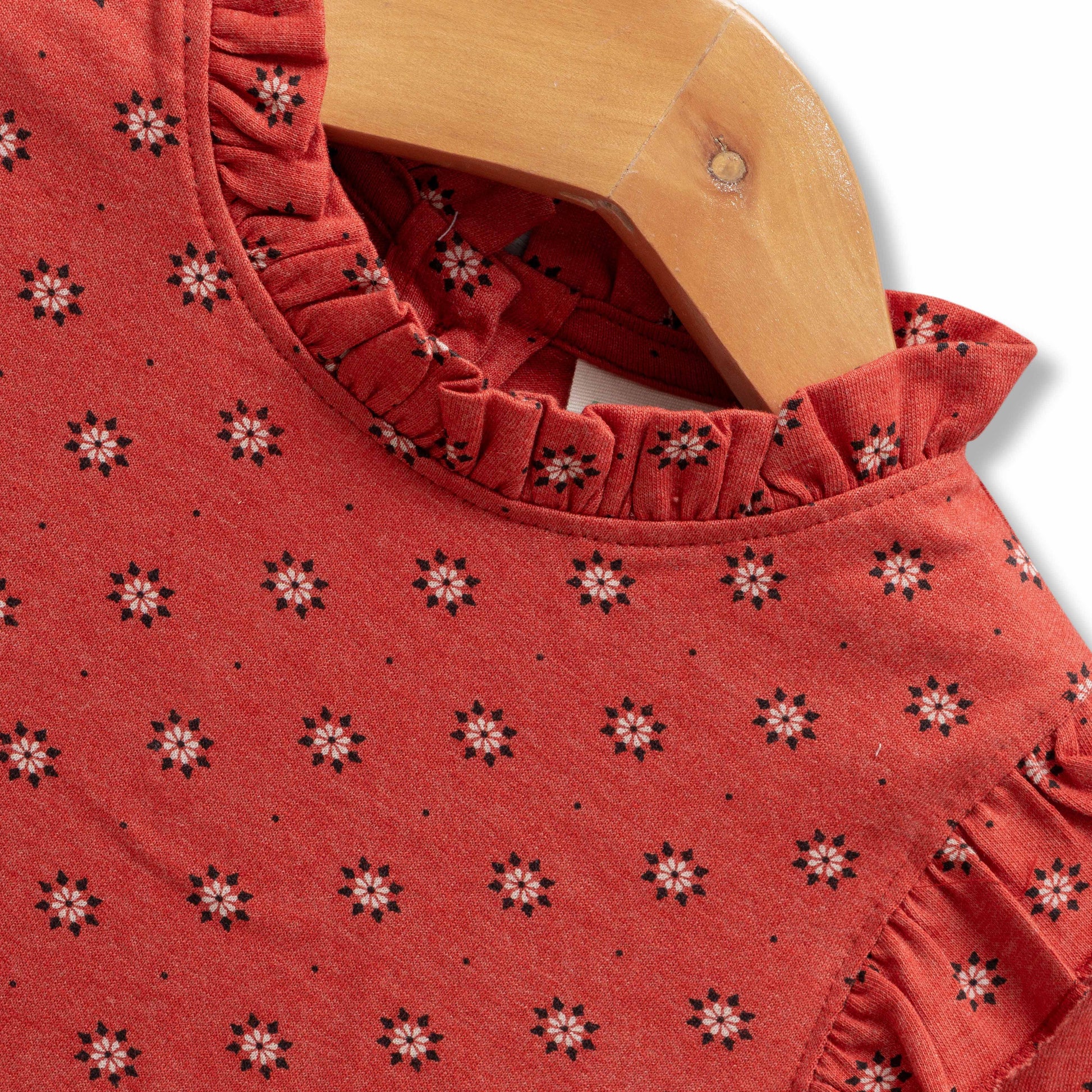 "Baby Girls' Red Floral Print Cotton Dress with Ruffle Details and Long Sleeves"