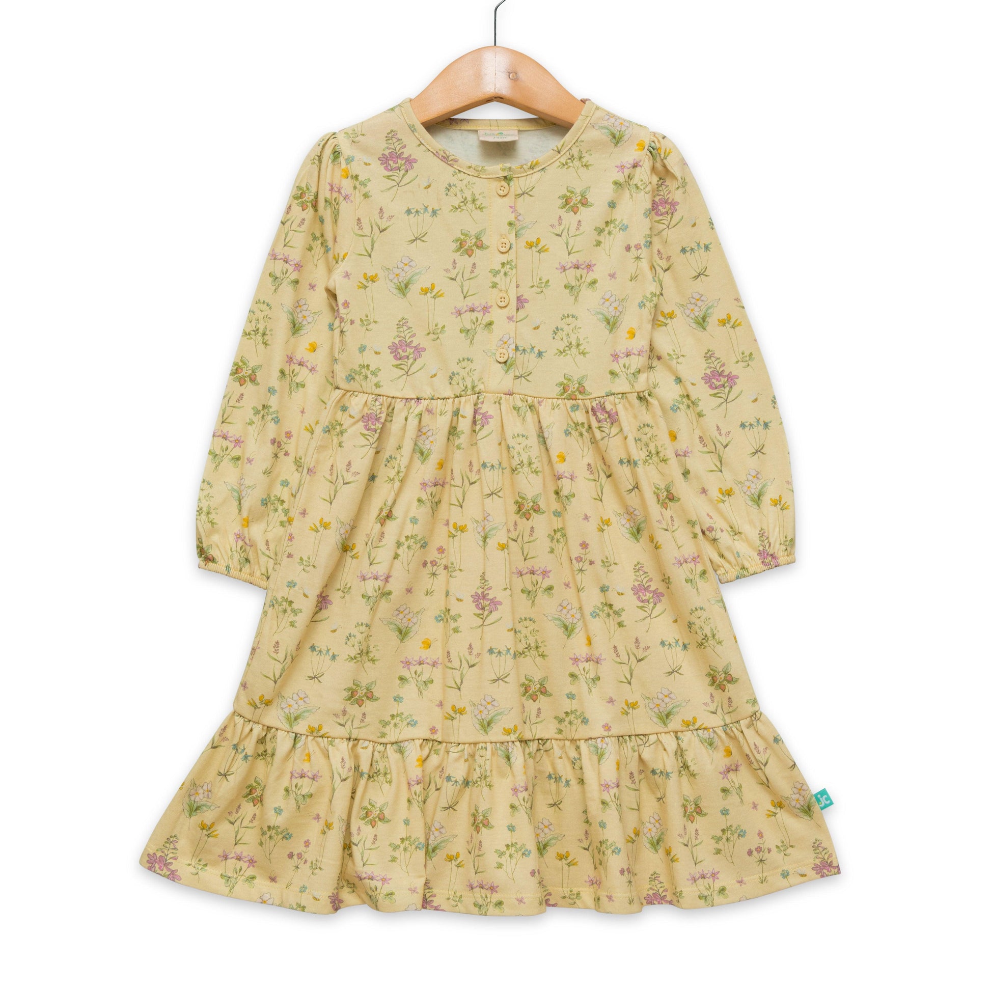 "Girls' Long Sleeve Floral Dress – Button Front, Ruffle Hem, Soft Yellow"