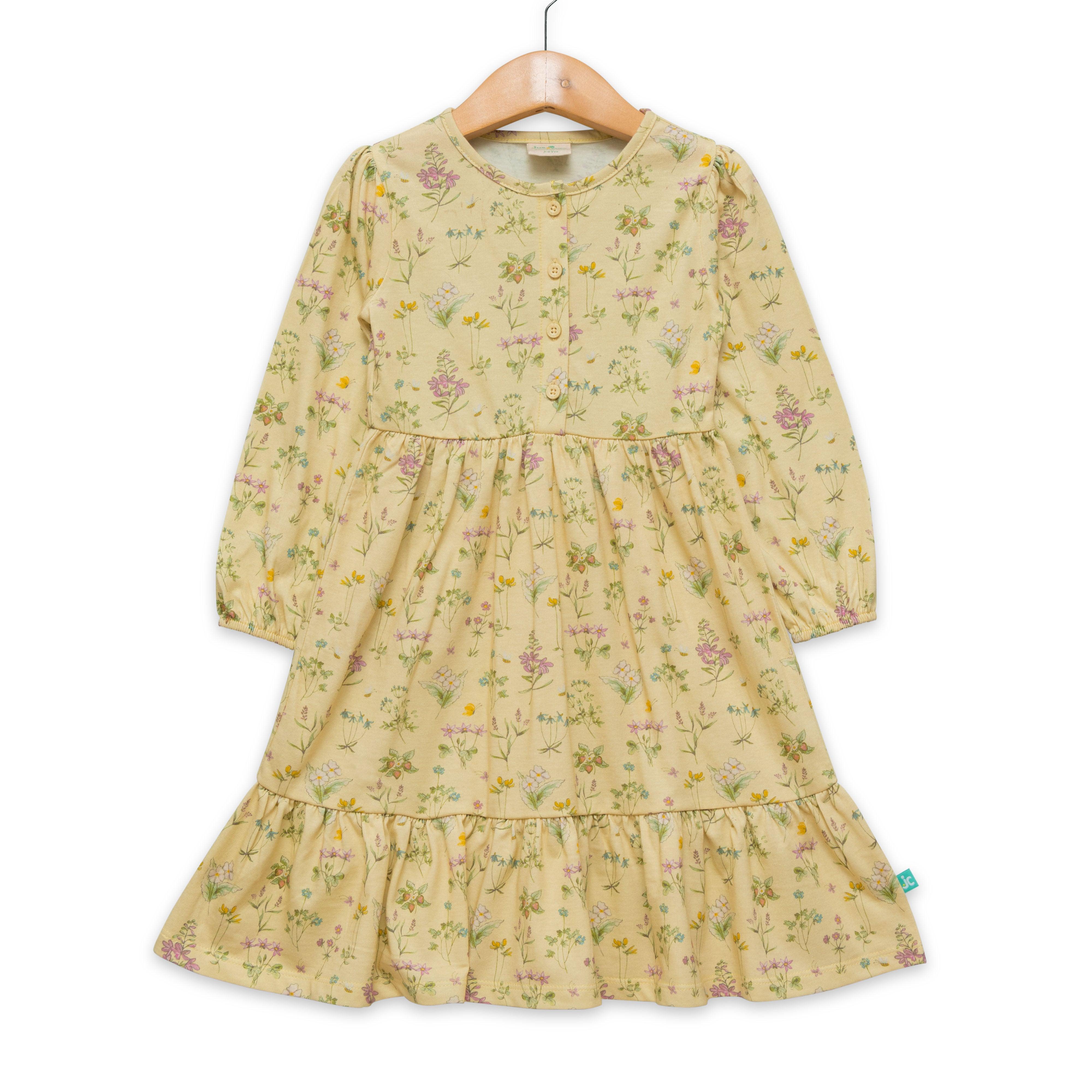 Girls Floral Print Puff Sleeve A-Line Dress - Juscubs