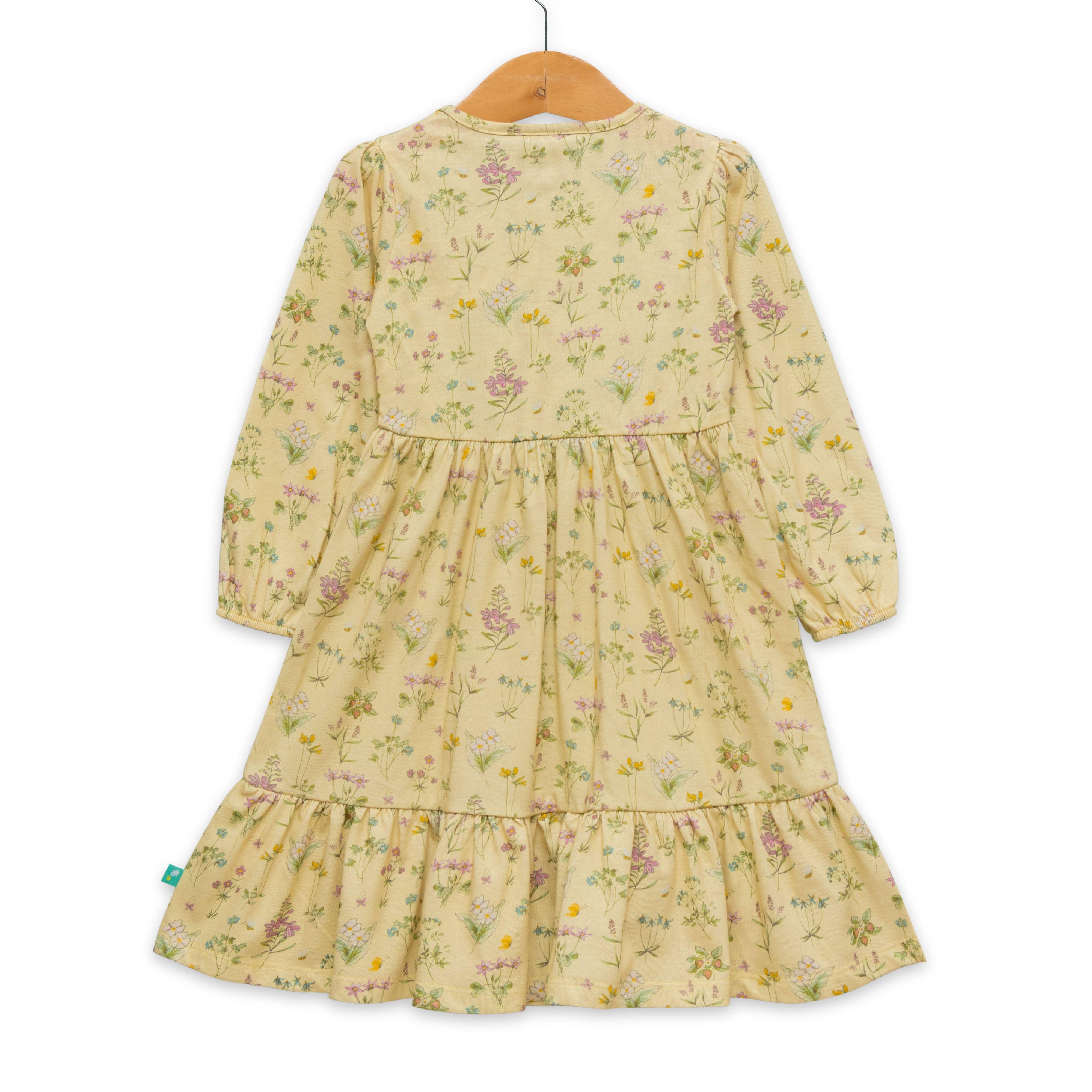 Girls Floral Print Puff Sleeve A-Line Dress - Juscubs