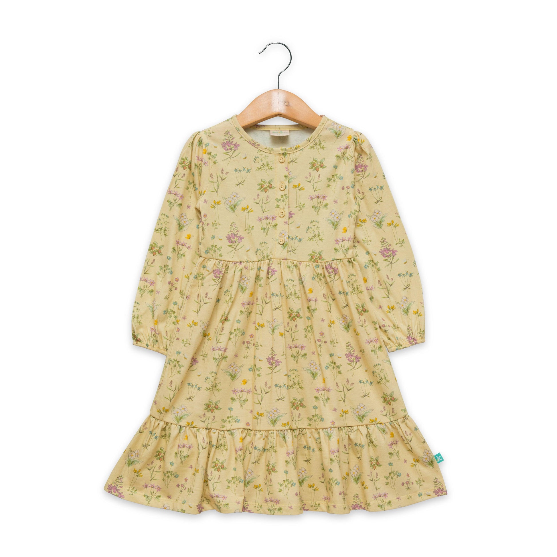 "Girls' Long Sleeve Floral Dress – Button Front, Ruffle Hem, Soft Yellow"