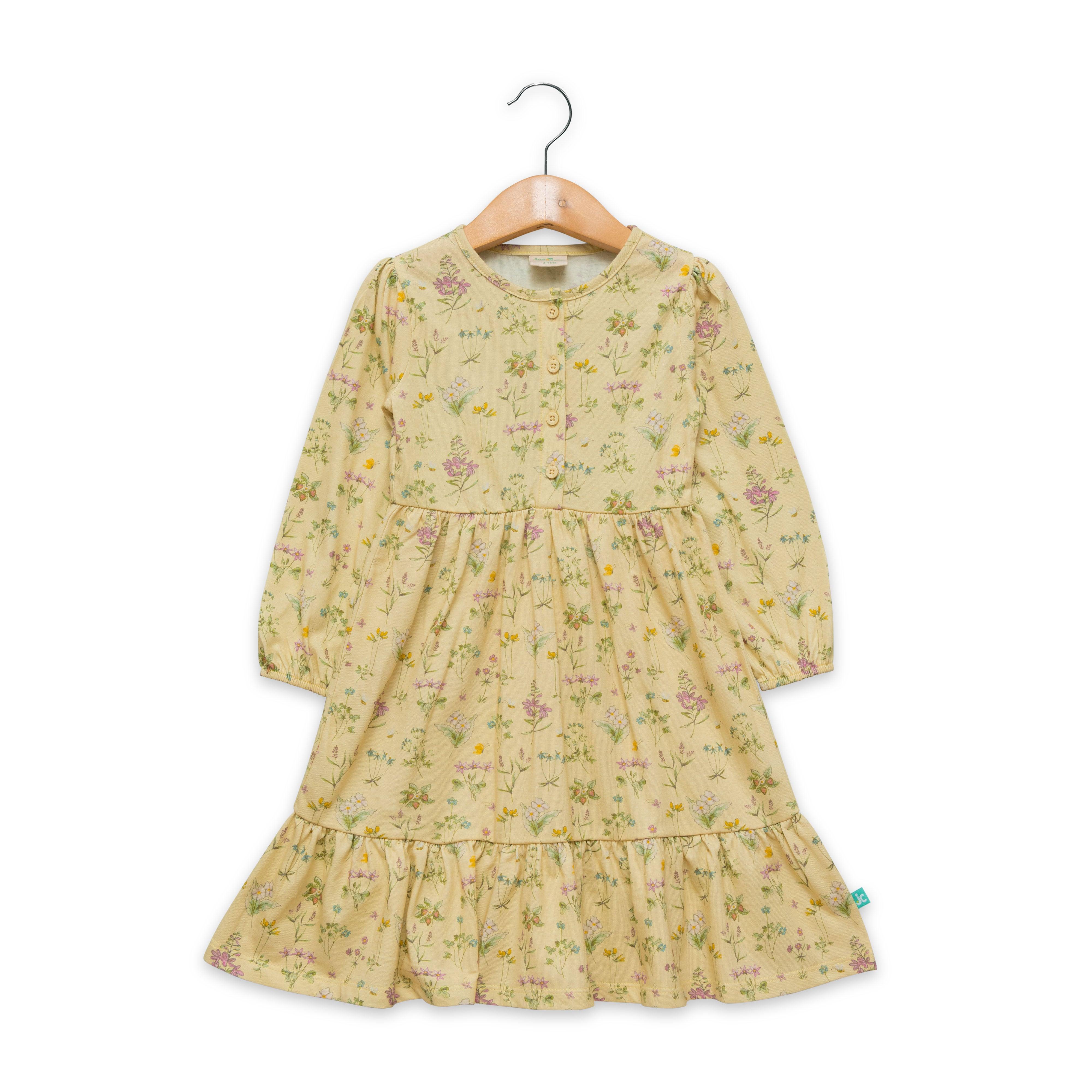 Girls Floral Print Puff Sleeve A-Line Dress - Juscubs