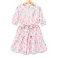 Girls' Pink Flamingo Print Wrap Dress – 3/4 Sleeve, Belted Waist, Tiered Skirt