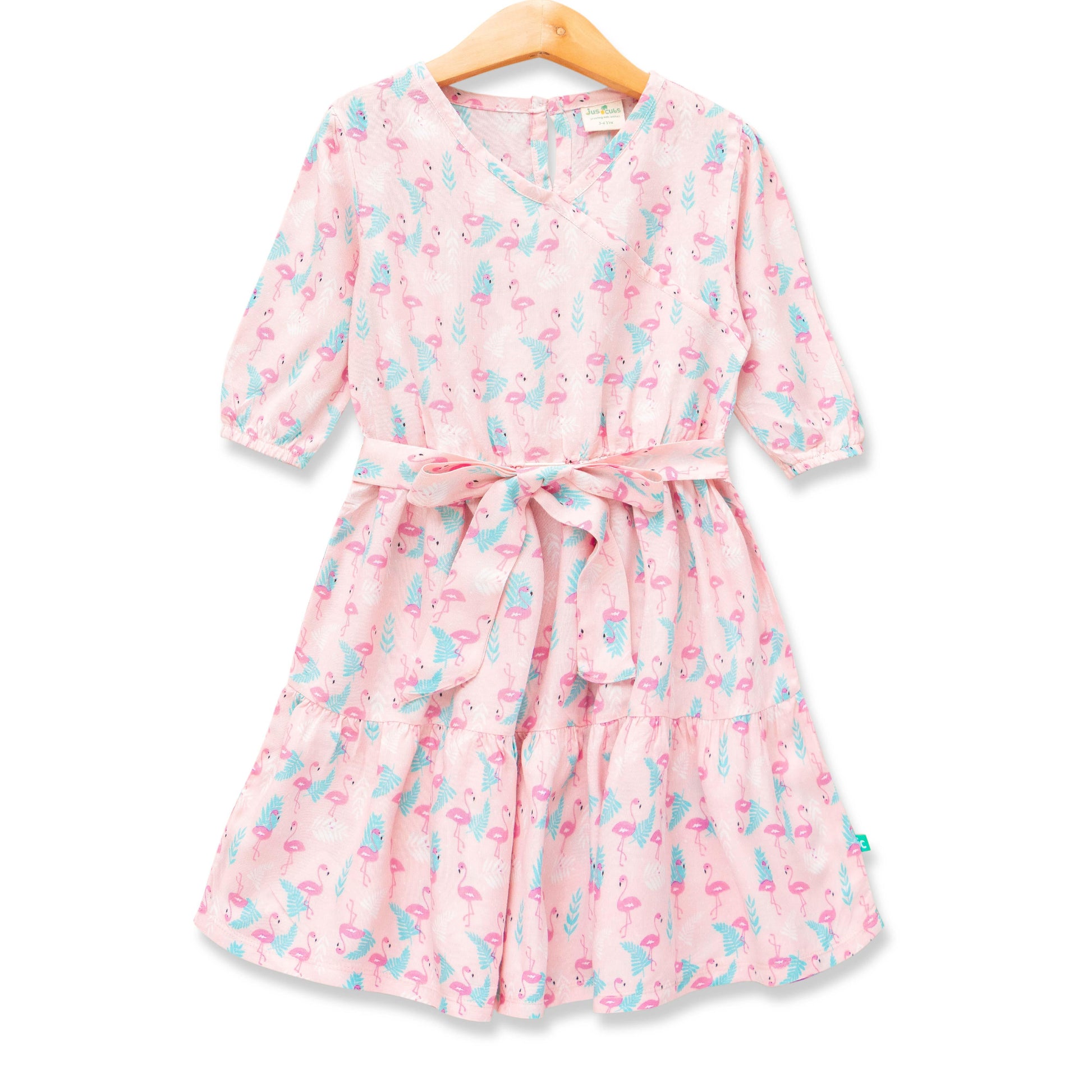 Girls' Pink Flamingo Print Wrap Dress – 3/4 Sleeve, Belted Waist, Tiered Skirt
