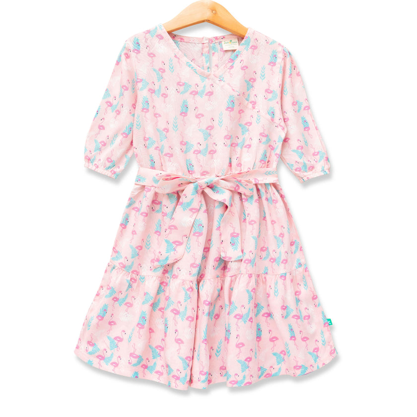 Girls' Pink Flamingo Print Wrap Dress – 3/4 Sleeve, Belted Waist, Tiered Skirt