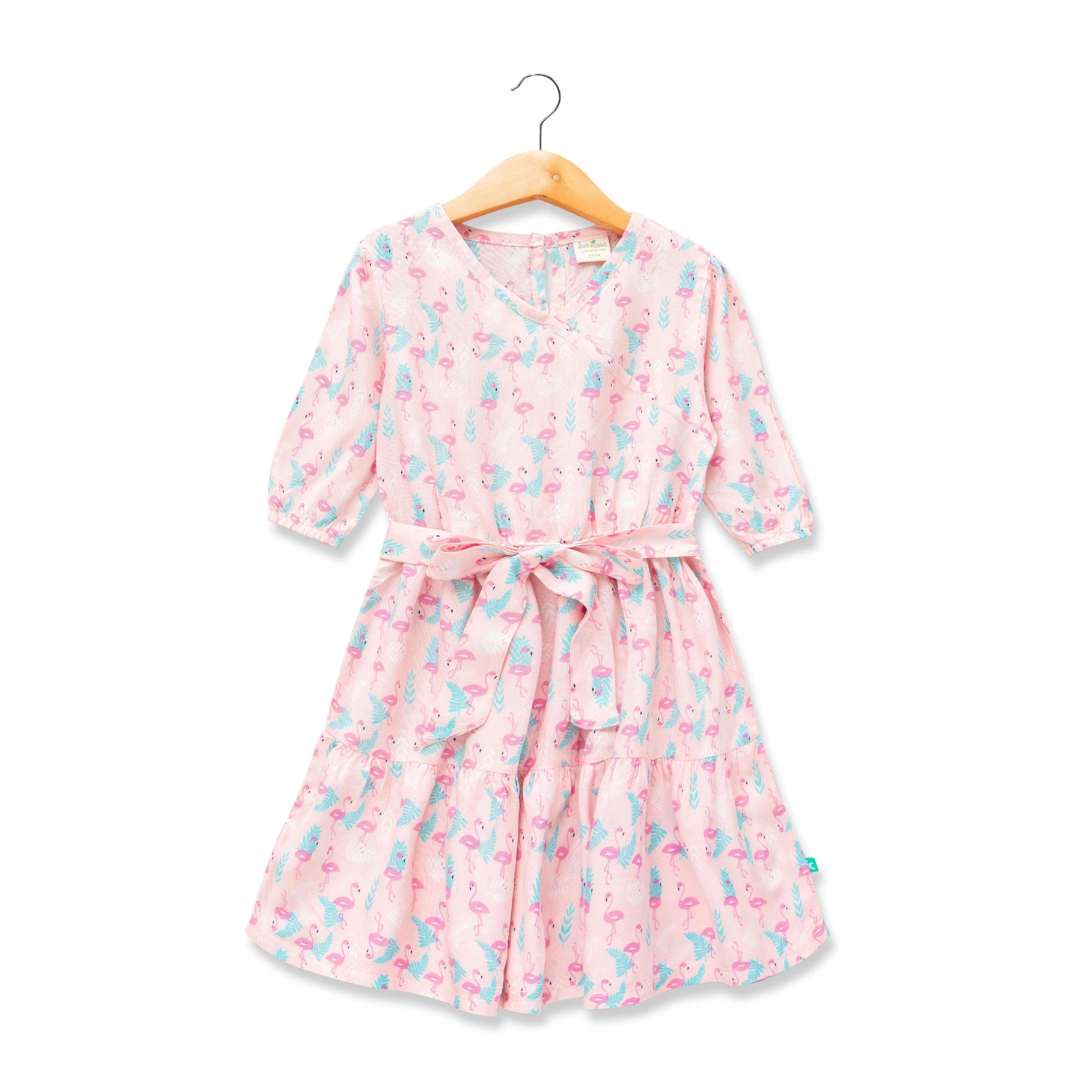 Girls' Pink Flamingo Print Wrap Dress – 3/4 Sleeve, Belted Waist, Tiered Skirt