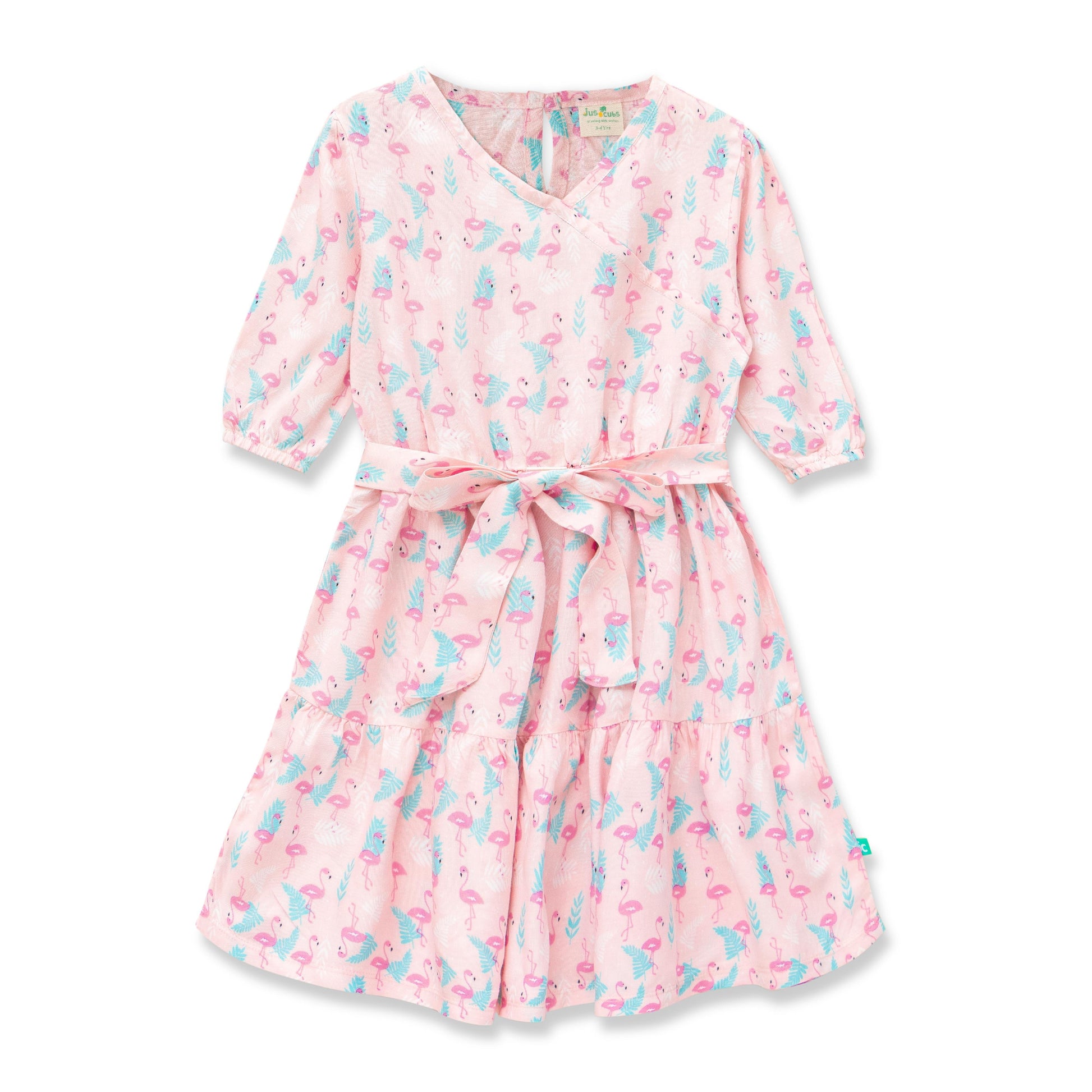 Girls' Pink Flamingo Print Wrap Dress – 3/4 Sleeve, Belted Waist, Tiered Skirt