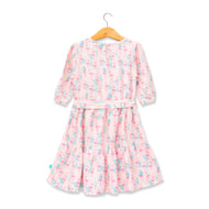 Girls' Pink Flamingo Print Wrap Dress – 3/4 Sleeve, Belted Waist, Tiered Skirt