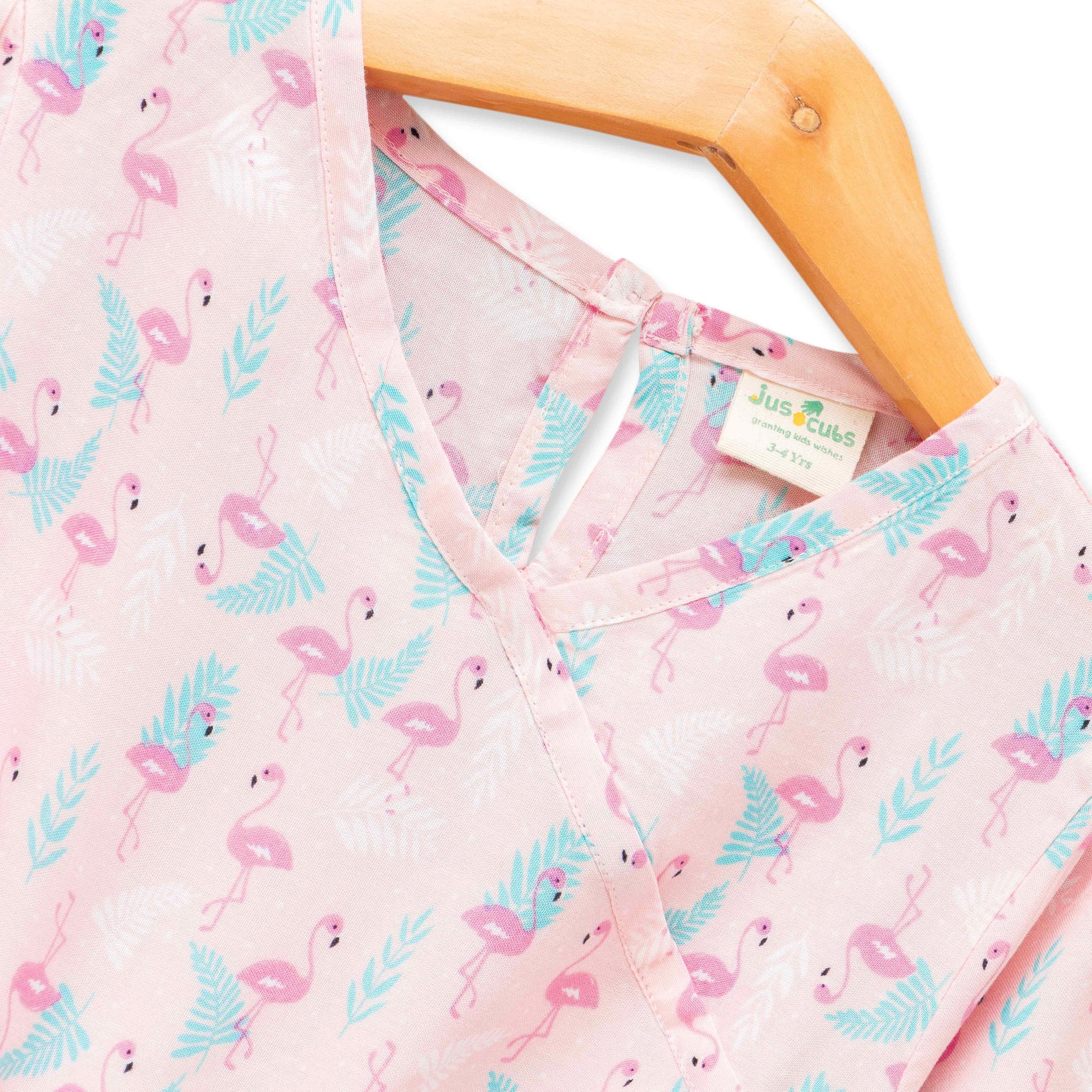 Girls' Pink Flamingo Print Wrap Dress – 3/4 Sleeve, Belted Waist, Tiered Skirt