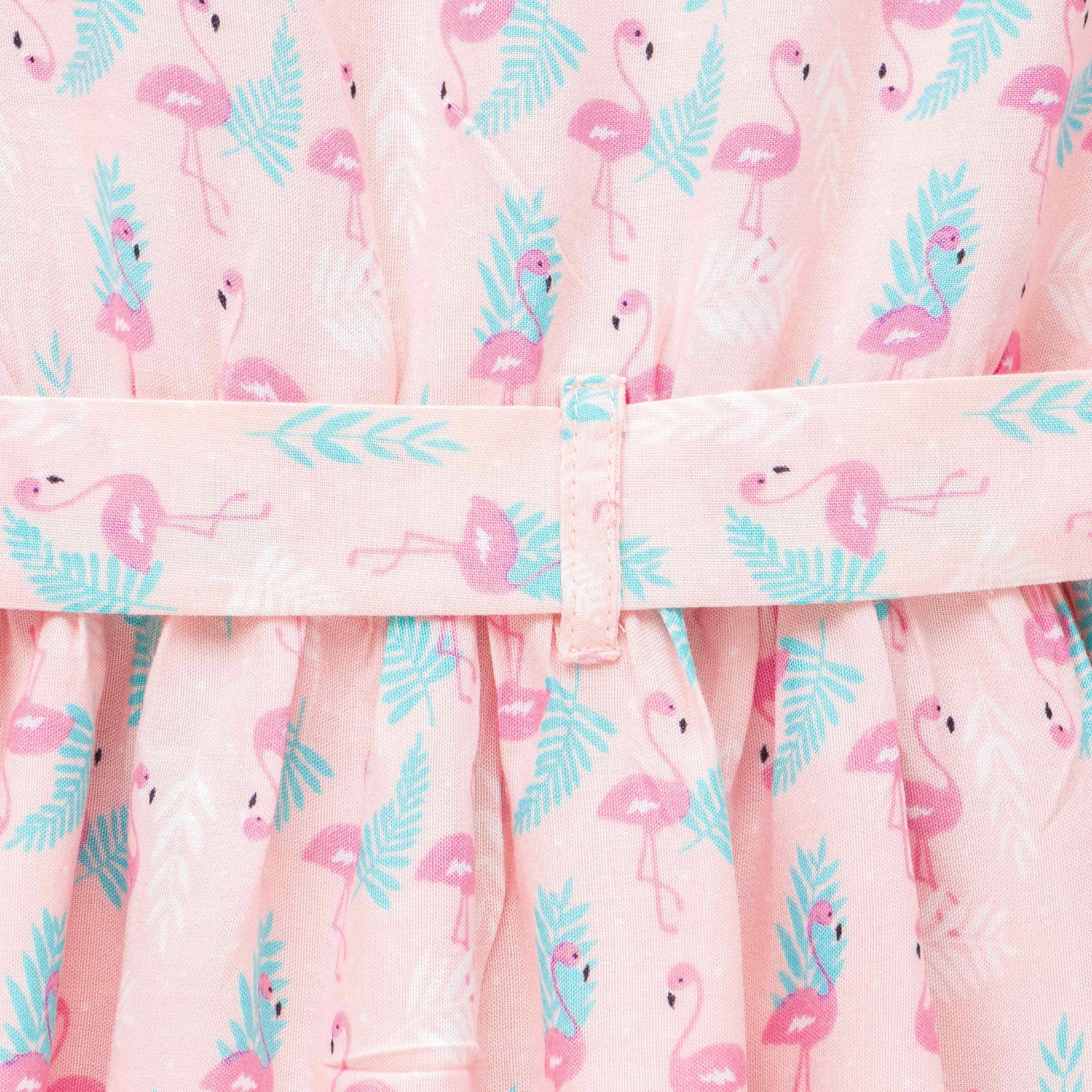 Girls' Pink Flamingo Print Wrap Dress – 3/4 Sleeve, Belted Waist, Tiered Skirt