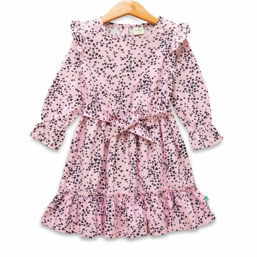 Girls' Pink Ruffled Long Sleeve Dress – Black Heart Print with Waist Tie"