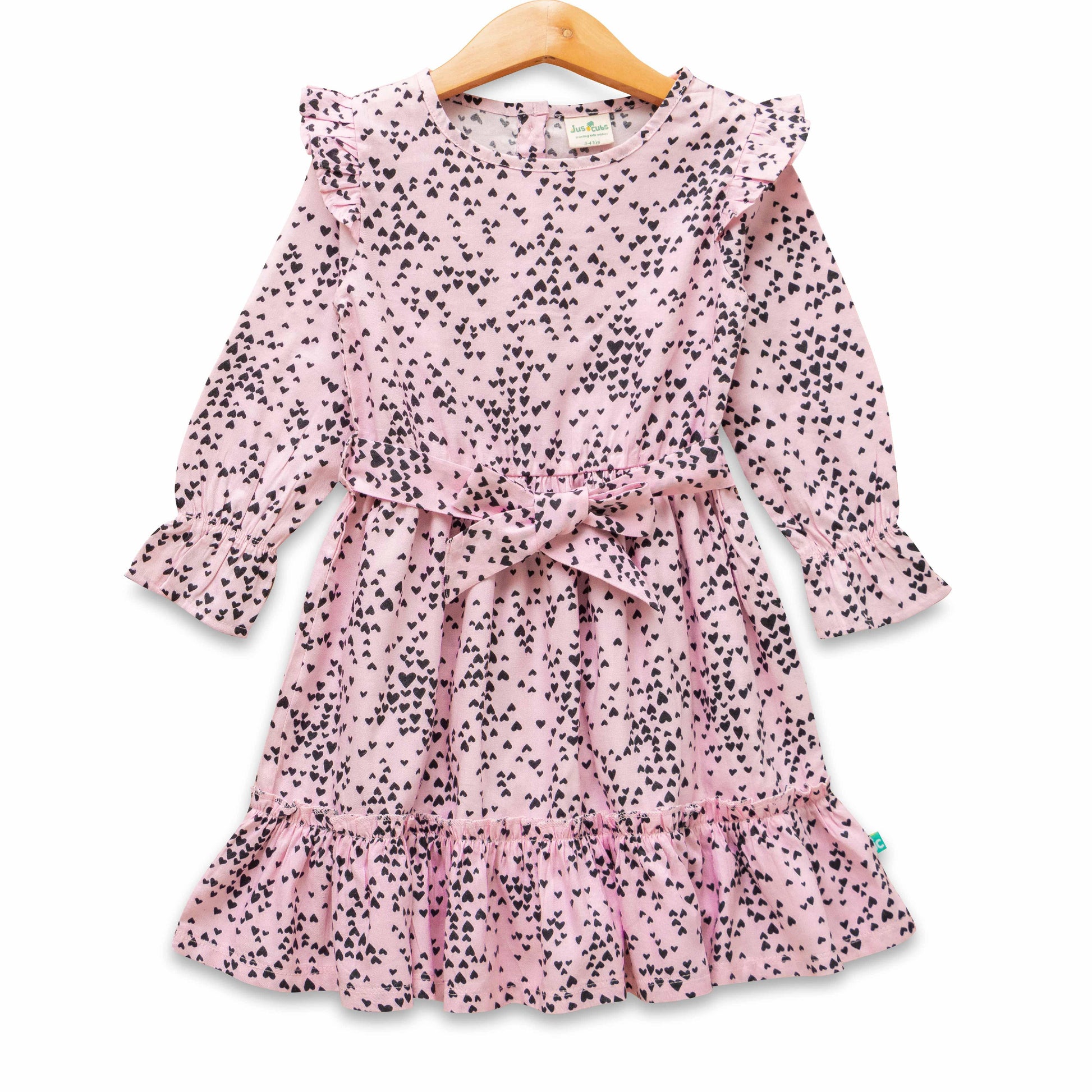 Girls' Pink Heart Print Ruffle Dress – Long Sleeve, Belted Waist, Elegant Party Wear