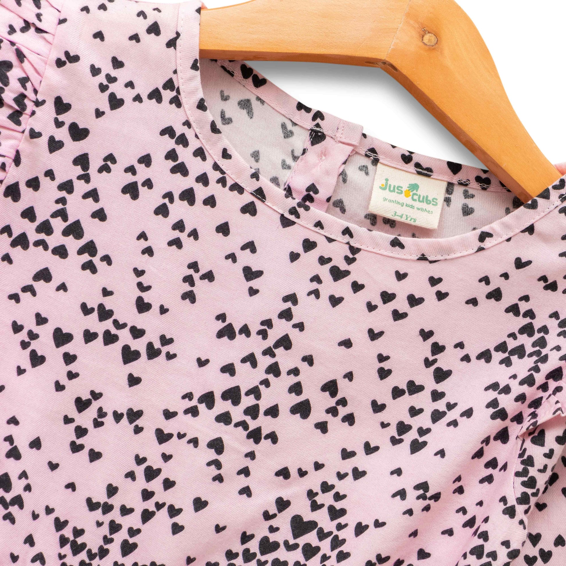 Girls' Pink Ruffled Long Sleeve Dress – Black Heart Print with Waist Tie"