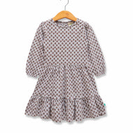 "Baby Girls' Long Sleeve Grey Floral Print Cotton Dress with Tiered Ruffle Skirt"