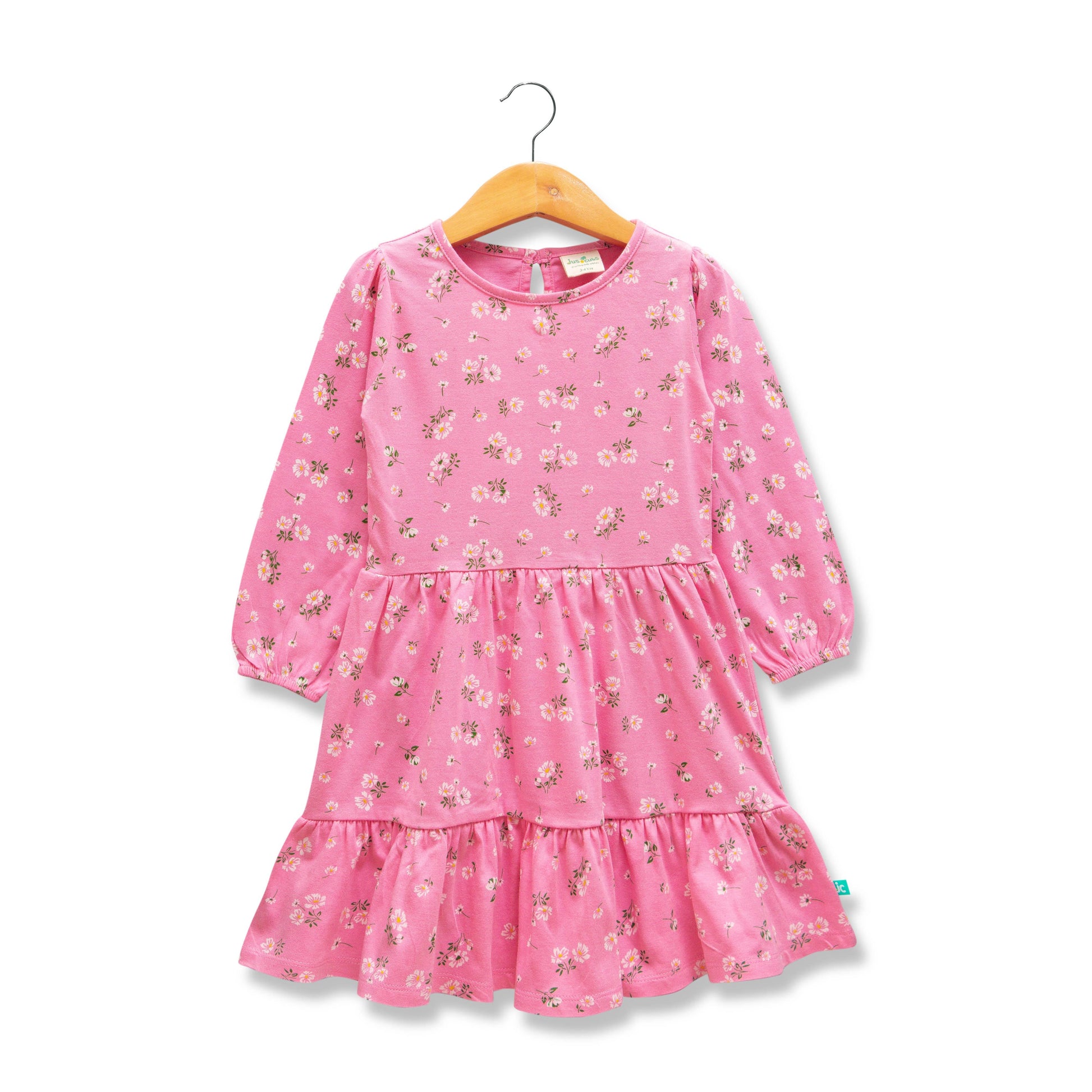"Girls' Long Sleeve Pink Floral Print Cotton Dress with Ruffle Hem"