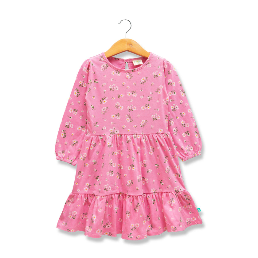 "Girls' Long Sleeve Pink Floral Print Cotton Dress with Ruffle Hem"