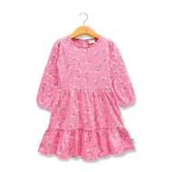 "Baby Girls' Long Sleeve Pink Floral Print Cotton Dress with Ruffle Hem"