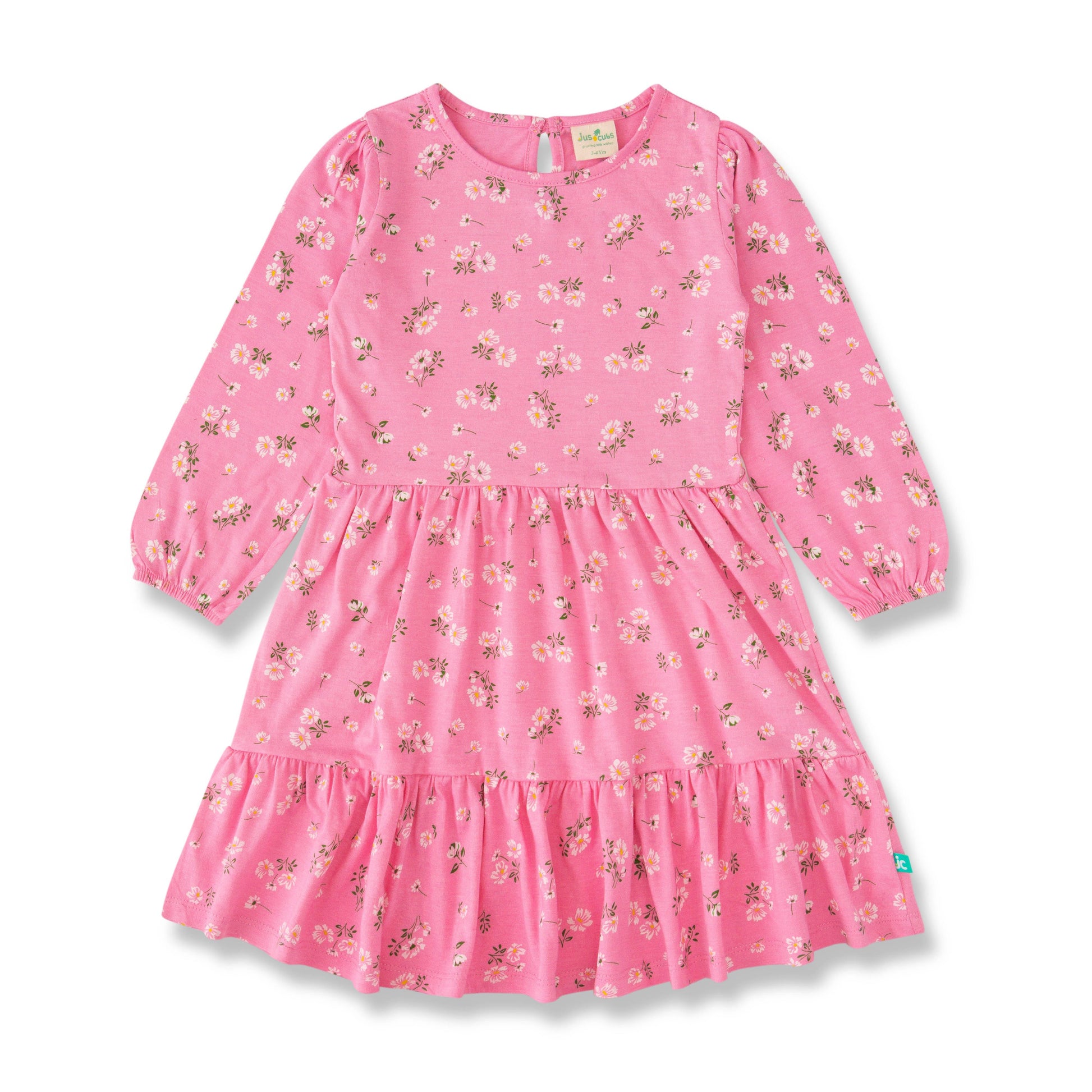 "Girls' Long Sleeve Pink Floral Print Cotton Dress with Ruffle Hem"