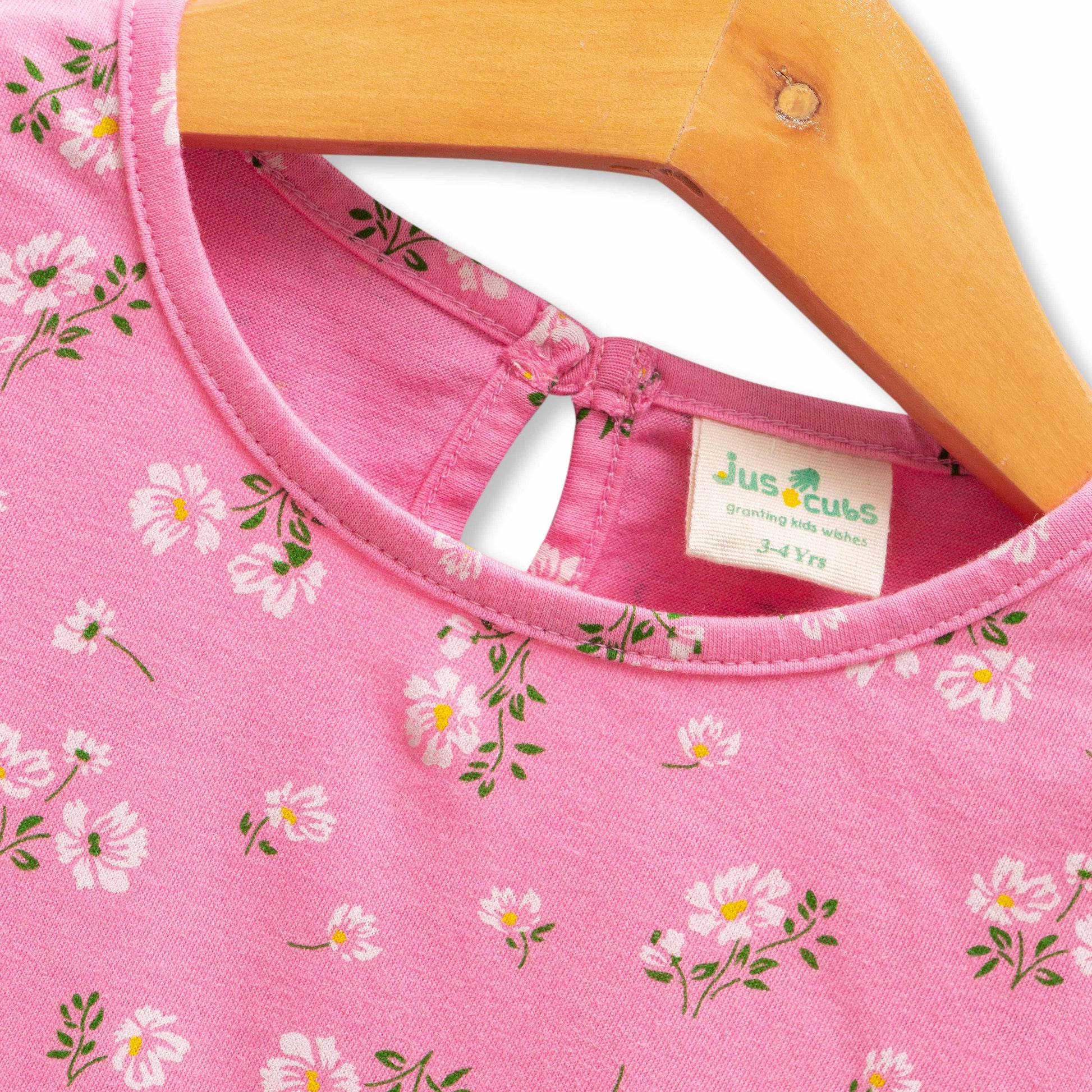 "Girls' Long Sleeve Pink Floral Print Cotton Dress with Ruffle Hem"
