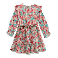 "Girls' Floral Print Long Sleeve Dress with Waist Tie and Ruffle Hem"