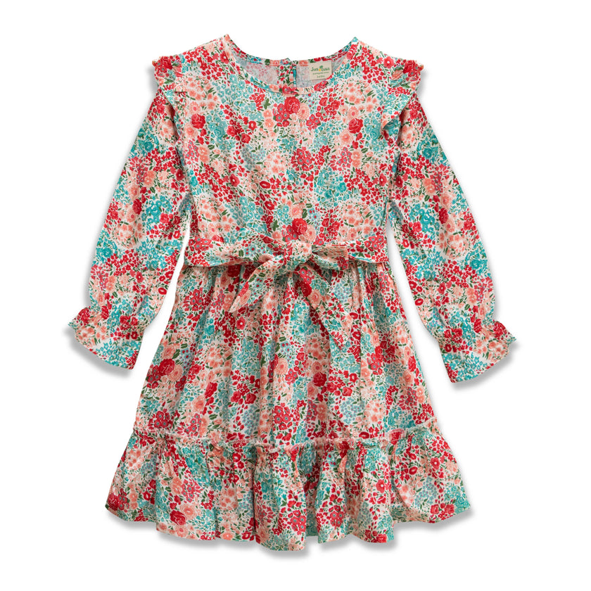 "Girls' Floral Print Long Sleeve Dress with Waist Tie and Ruffle Hem"