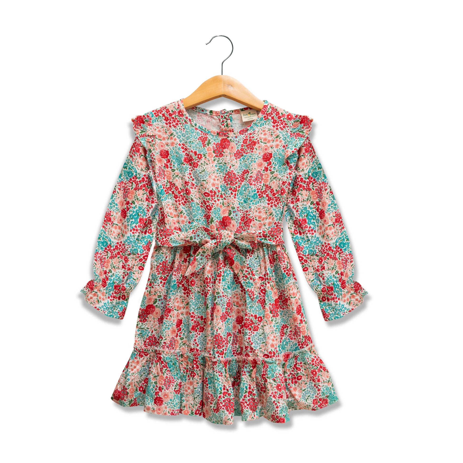 "Girls' Floral Print Long Sleeve Dress with Waist Tie and Ruffle Hem"