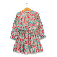 "Girls' Floral Print Long Sleeve Dress with Waist Tie and Ruffle Hem"
