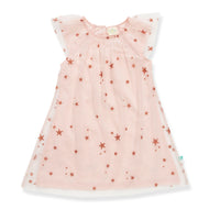 "Girls' Pink Star Mesh Party Dress – Sleeveless A-Line with Sheer Overlay"