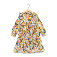 "Girls' Long Sleeve Floral Ruffle Dress – Multicolor Botanical Print"