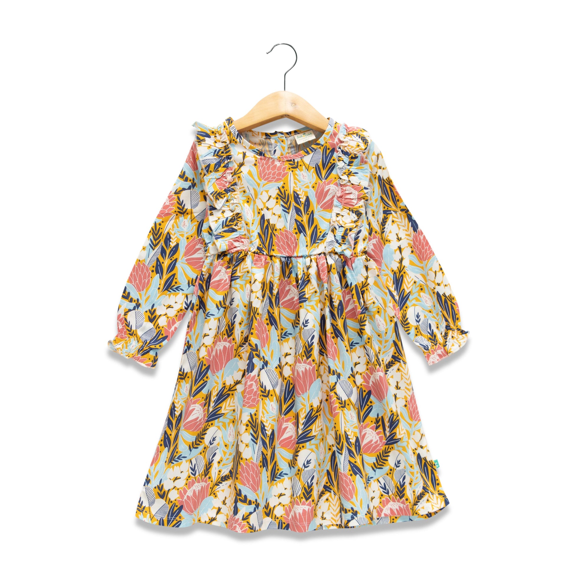 "Girls' Long Sleeve Floral Ruffle Dress – Multicolor Botanical Print"