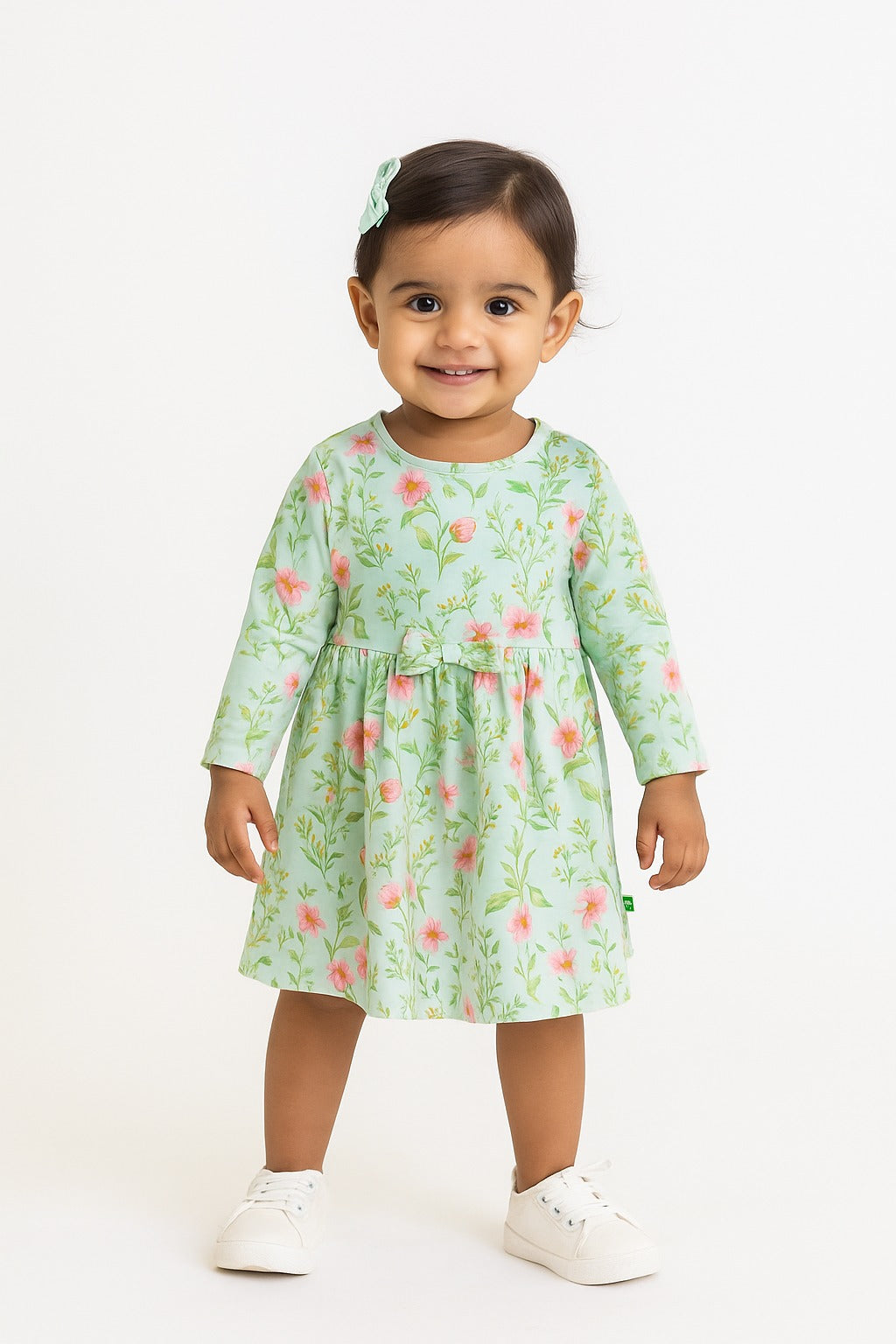 Girls' Mint Green Floral Dress with Pink & Yellow Flower Print