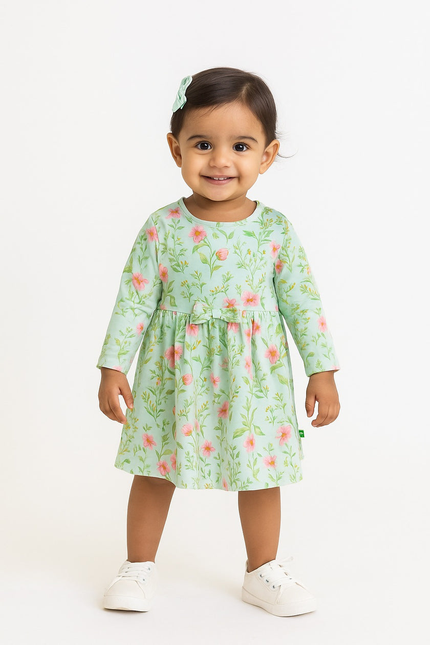 Girls' Mint Green Floral Dress with Pink & Yellow Flower Print