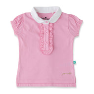 "Girls' Pink Solid Polo T-Shirt with Ruffled Button Placket , White Collar & Embroidered Logo"