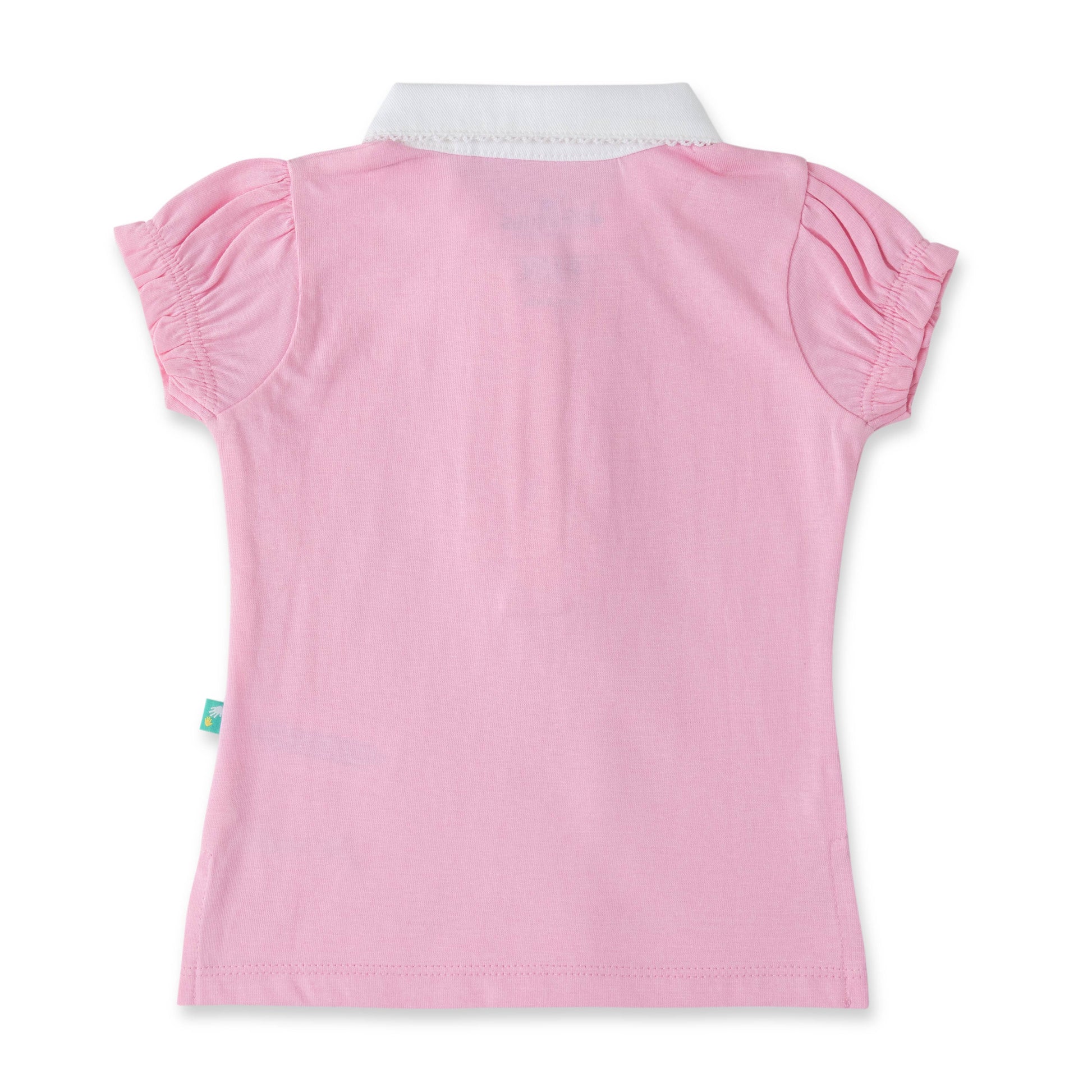 "Girls' Pink Solid Polo T-Shirt with Ruffled Button Placket , White Collar & Embroidered Logo"