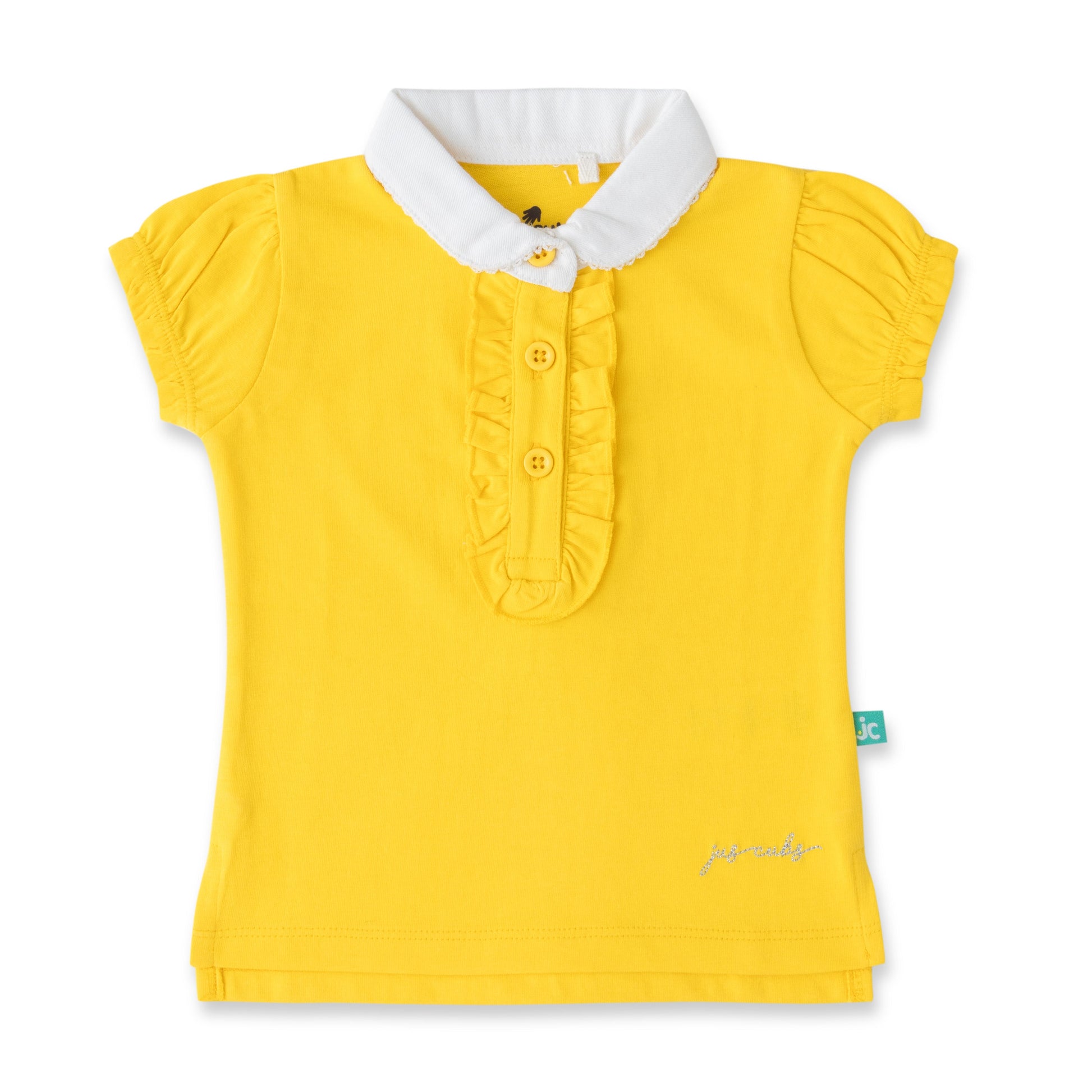 "Girls' Yellow Solid Polo T-Shirt with Ruffled Button Placket , White Collar & Embroidered Logo"