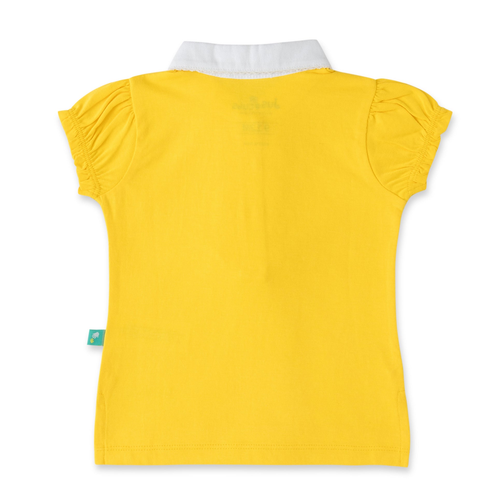 "Girls' Yellow Solid Polo T-Shirt with Ruffled Button Placket , White Collar & Embroidered Logo"