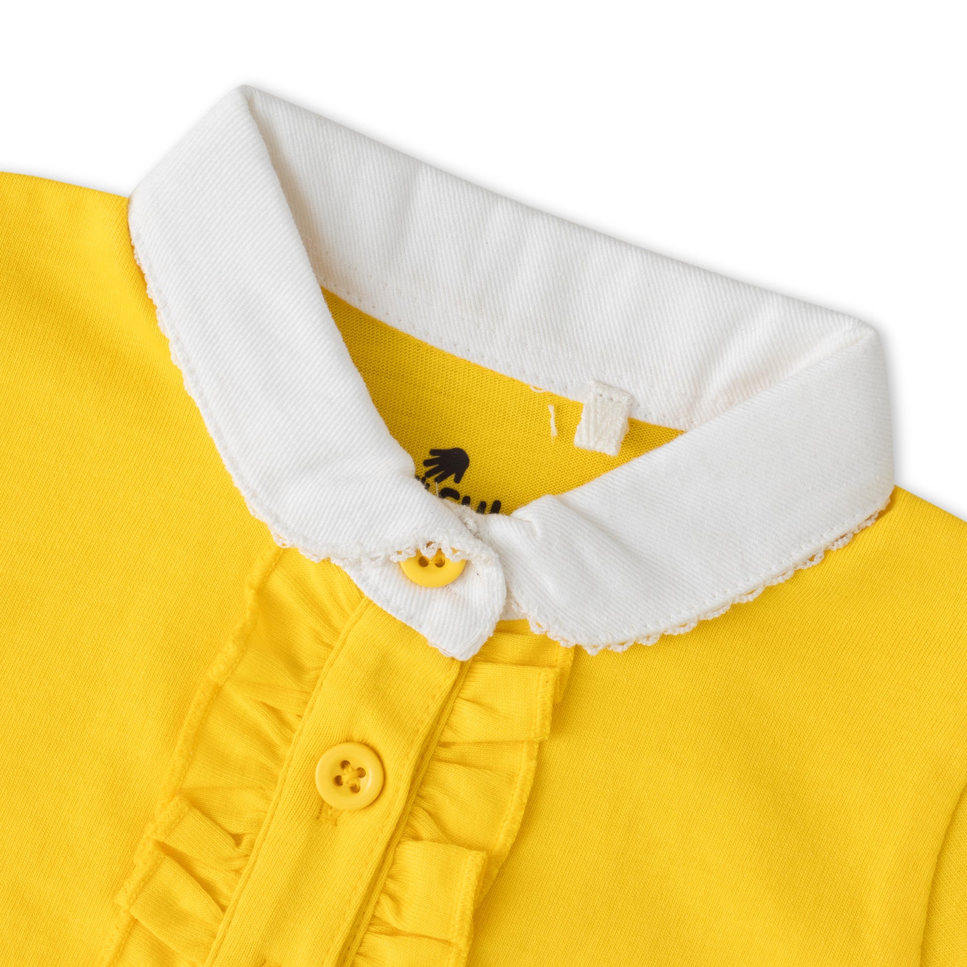 "Girls' Yellow Solid Polo T-Shirt with Ruffled Button Placket , White Collar & Embroidered Logo"