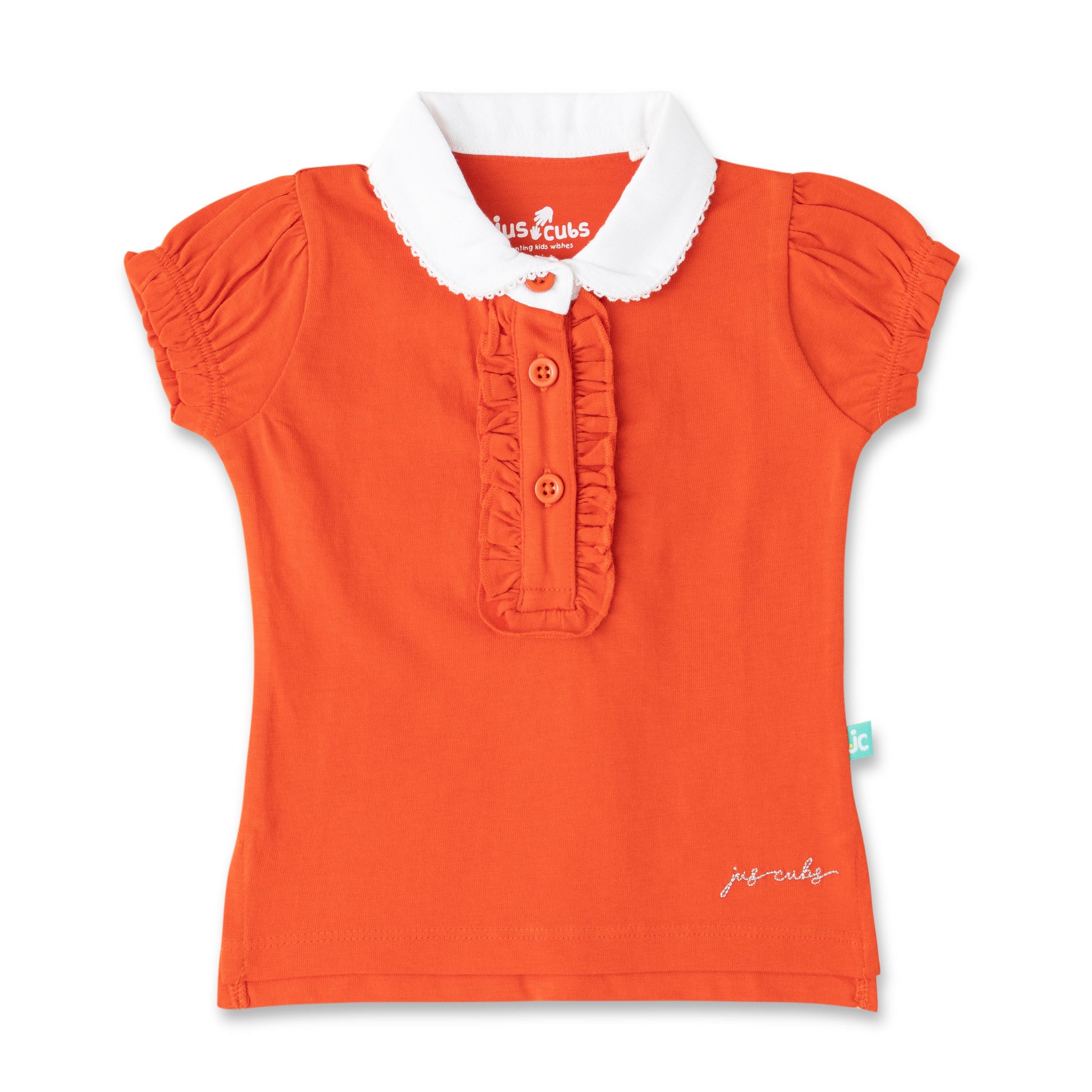 "Girls' Orange Solid Polo T-Shirt with Ruffled Button Placket , White Collar & Embroidered Logo"