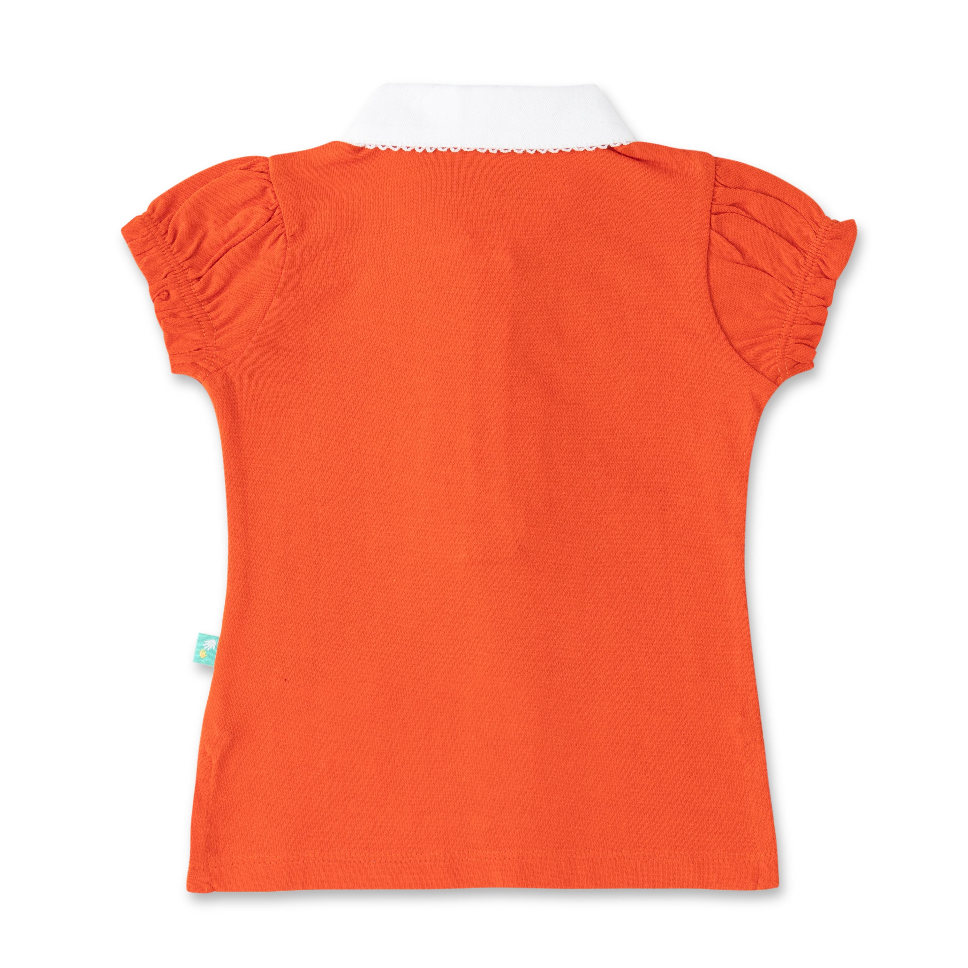 "Girls' Orange Solid Polo T-Shirt with Ruffled Button Placket , White Collar & Embroidered Logo"