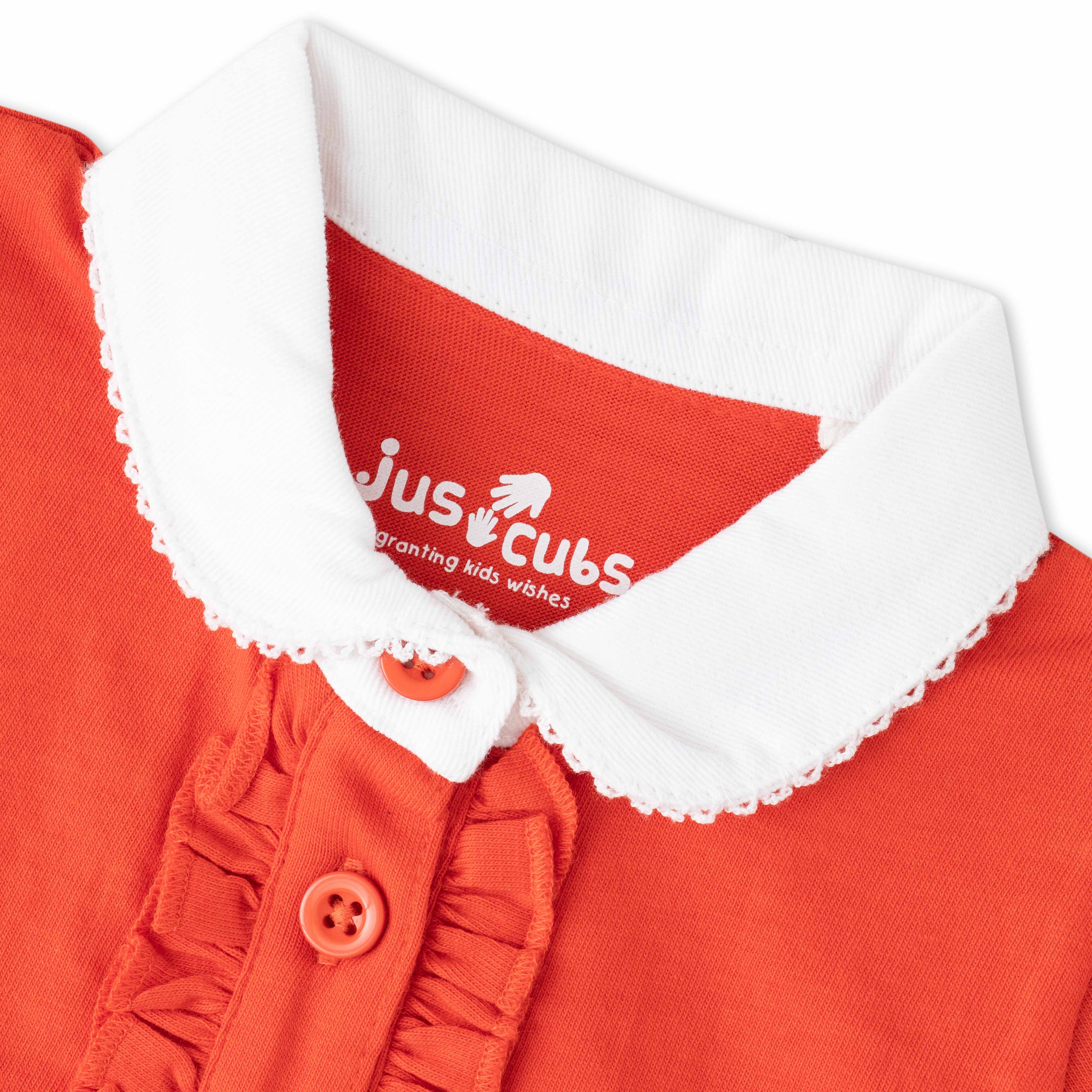 "Girls' Orange Solid Polo T-Shirt with Ruffled Button Placket , White Collar & Embroidered Logo"