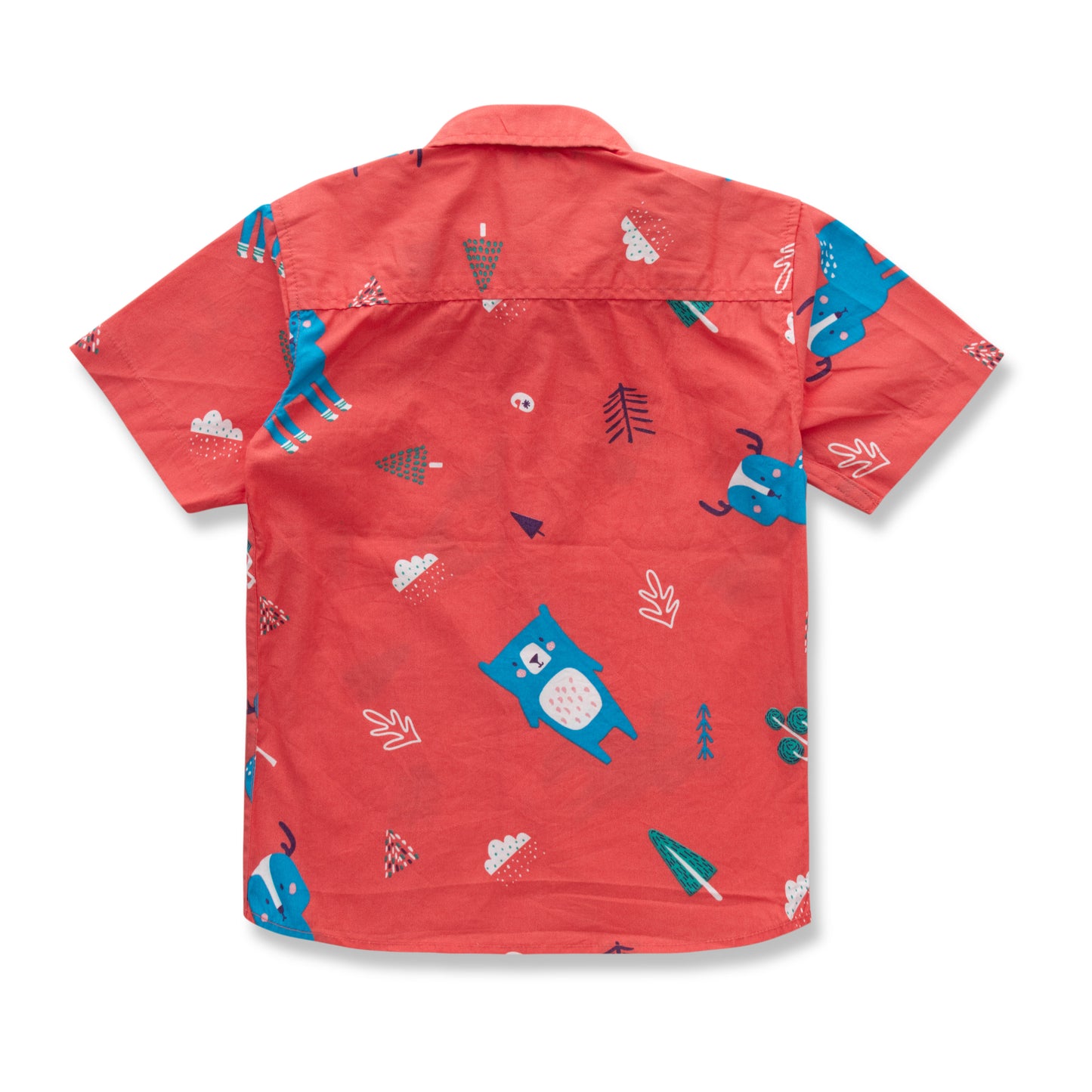 Boys' Coral Red Short Sleeve Button-Up Shirt with Forest Animal Print