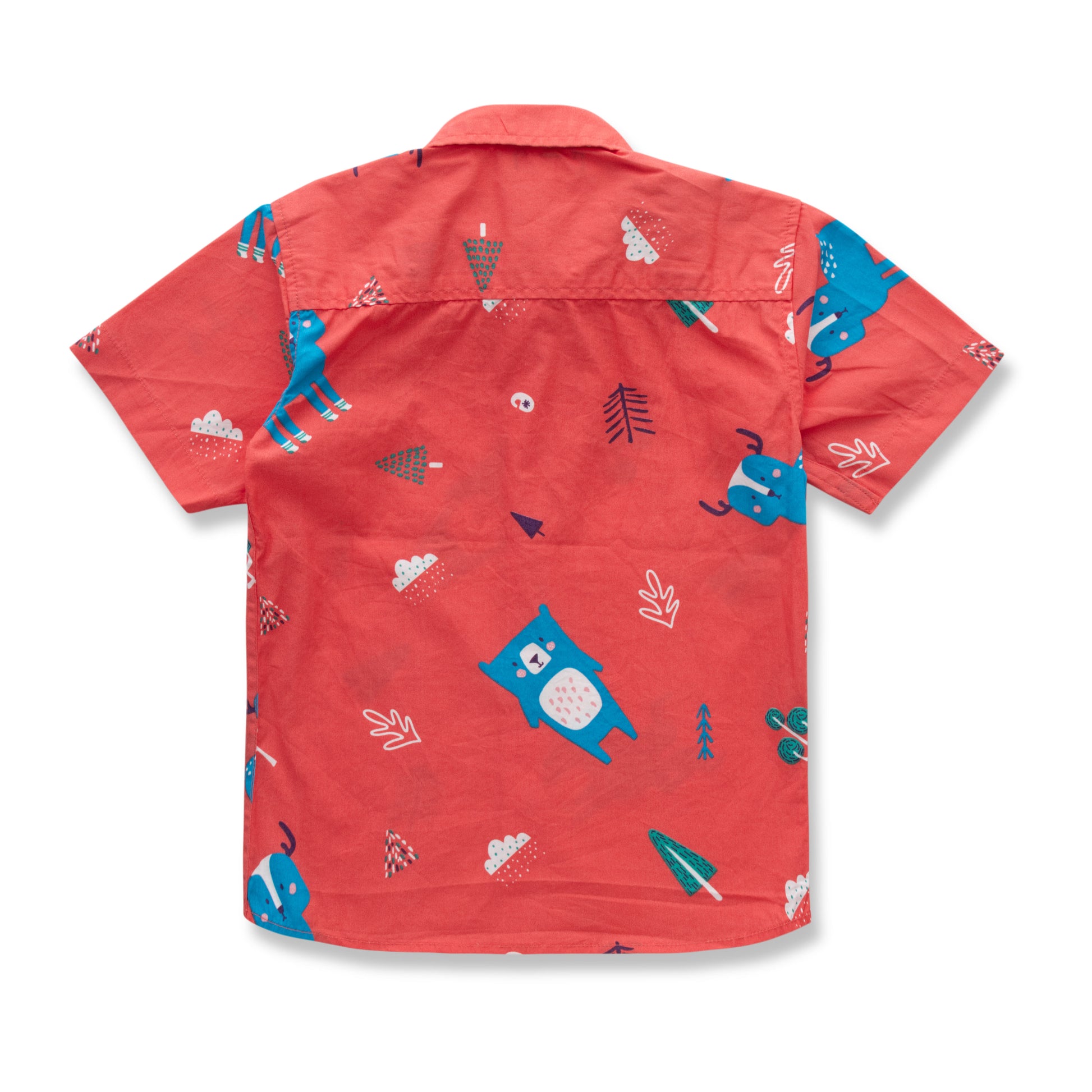 Boys' Coral Red Short Sleeve Button-Up Shirt with Forest Animal Print