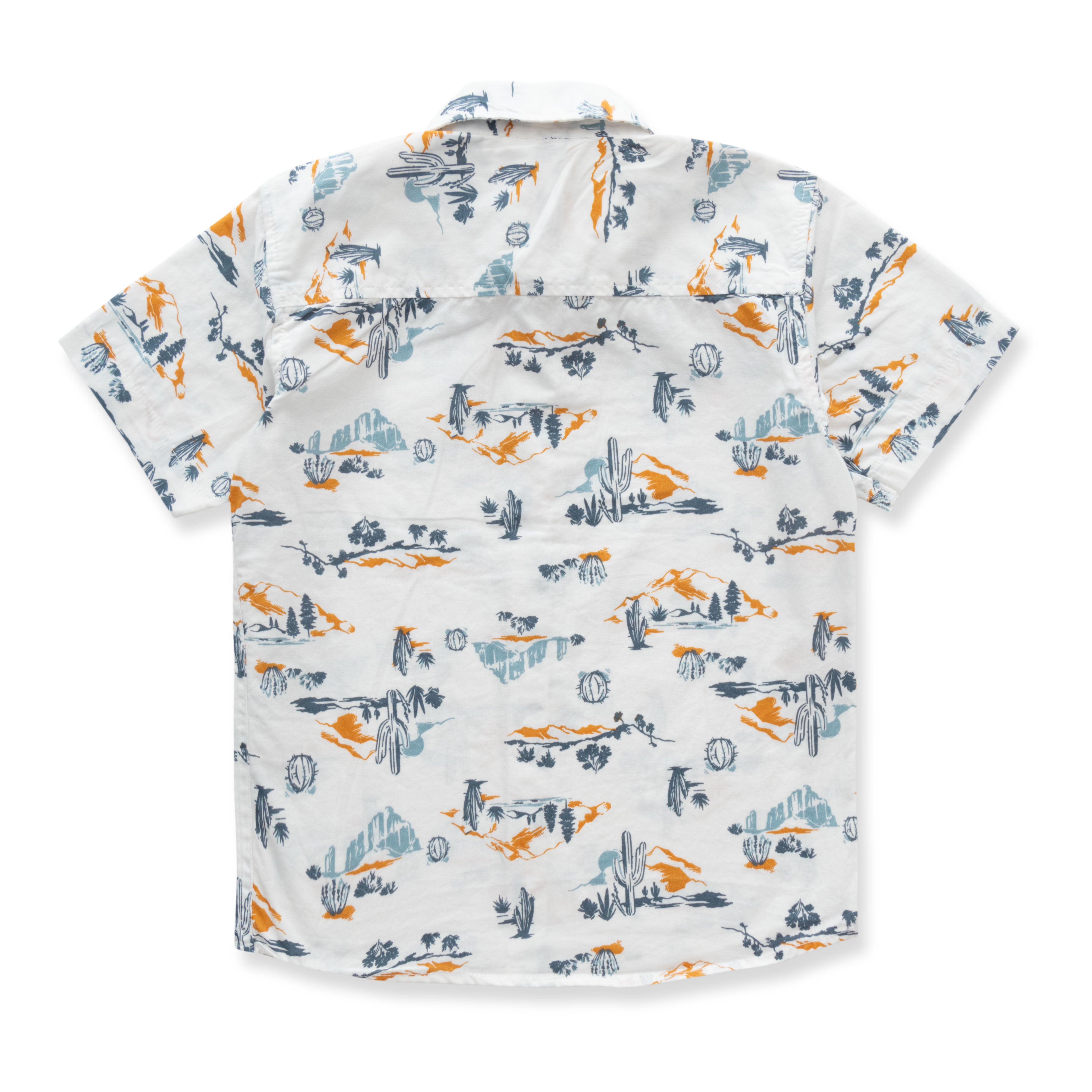Boy's White Short Sleeve Button-Up Shirt with Desert Landscape Print