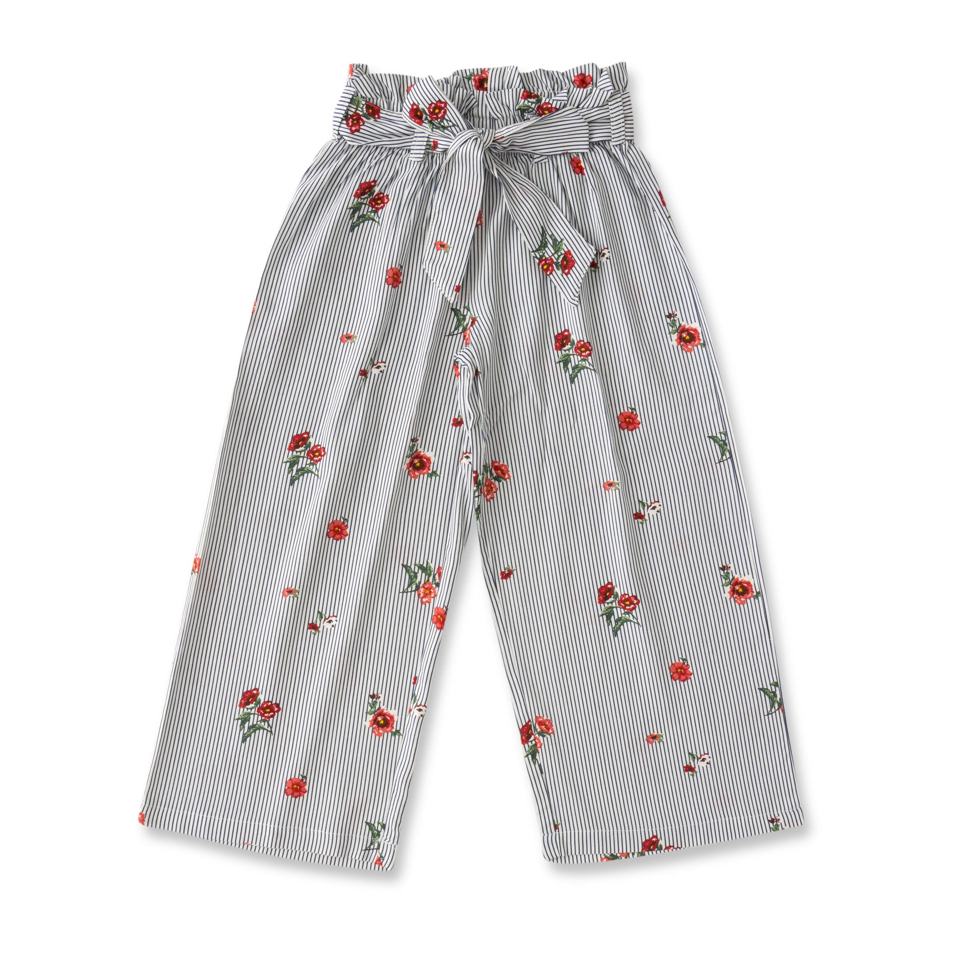 Girl's High-Waist Paperbag Pants - Striped & Floral Print, Wide-Leg with Tie Belt