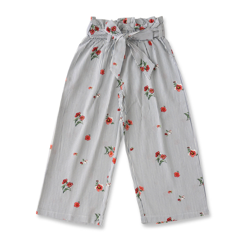 Girl's High-Waist Paperbag Pants - Striped & Floral Print, Wide-Leg with Tie Belt