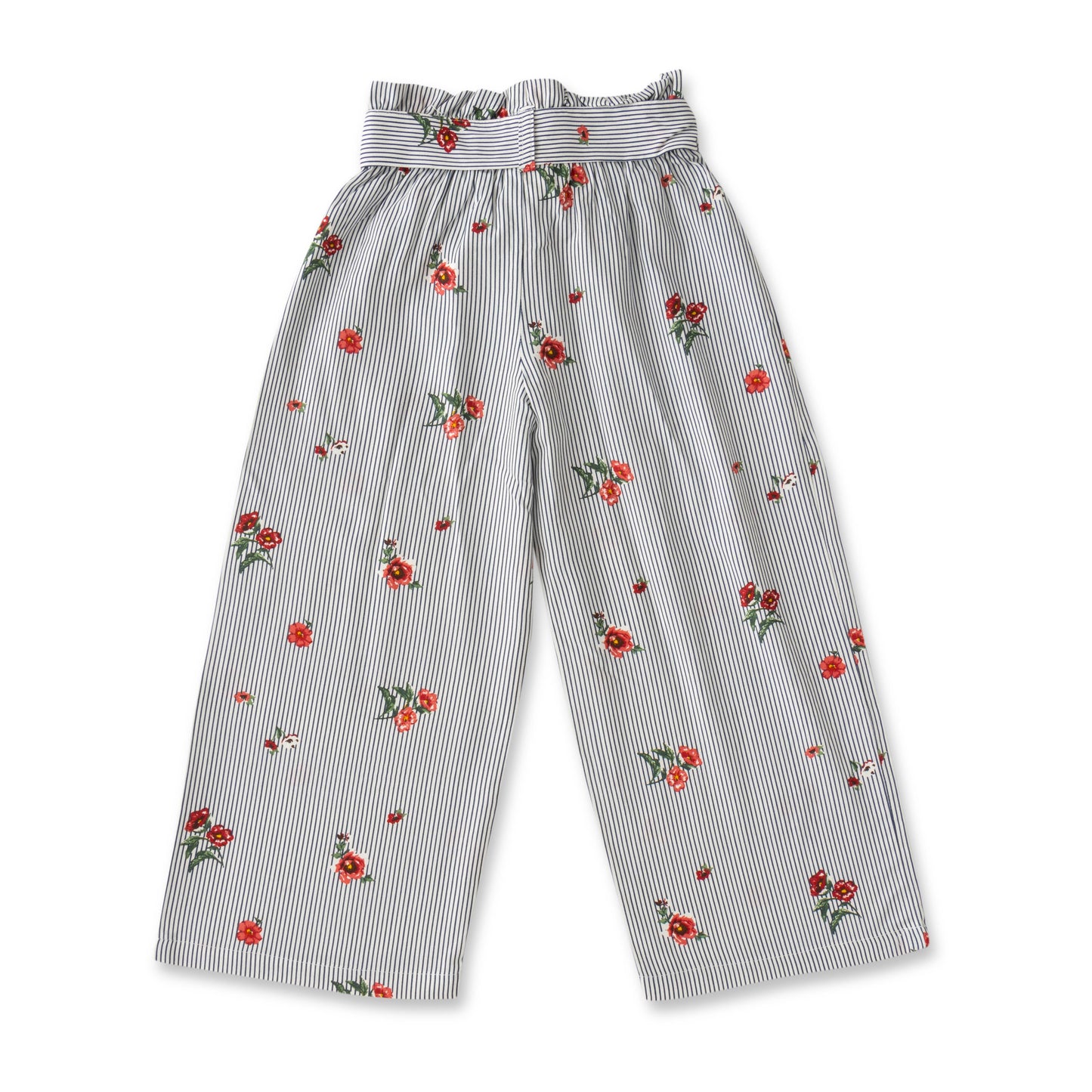 Girl's High-Waist Paperbag Pants - Striped & Floral Print, Wide-Leg with Tie Belt