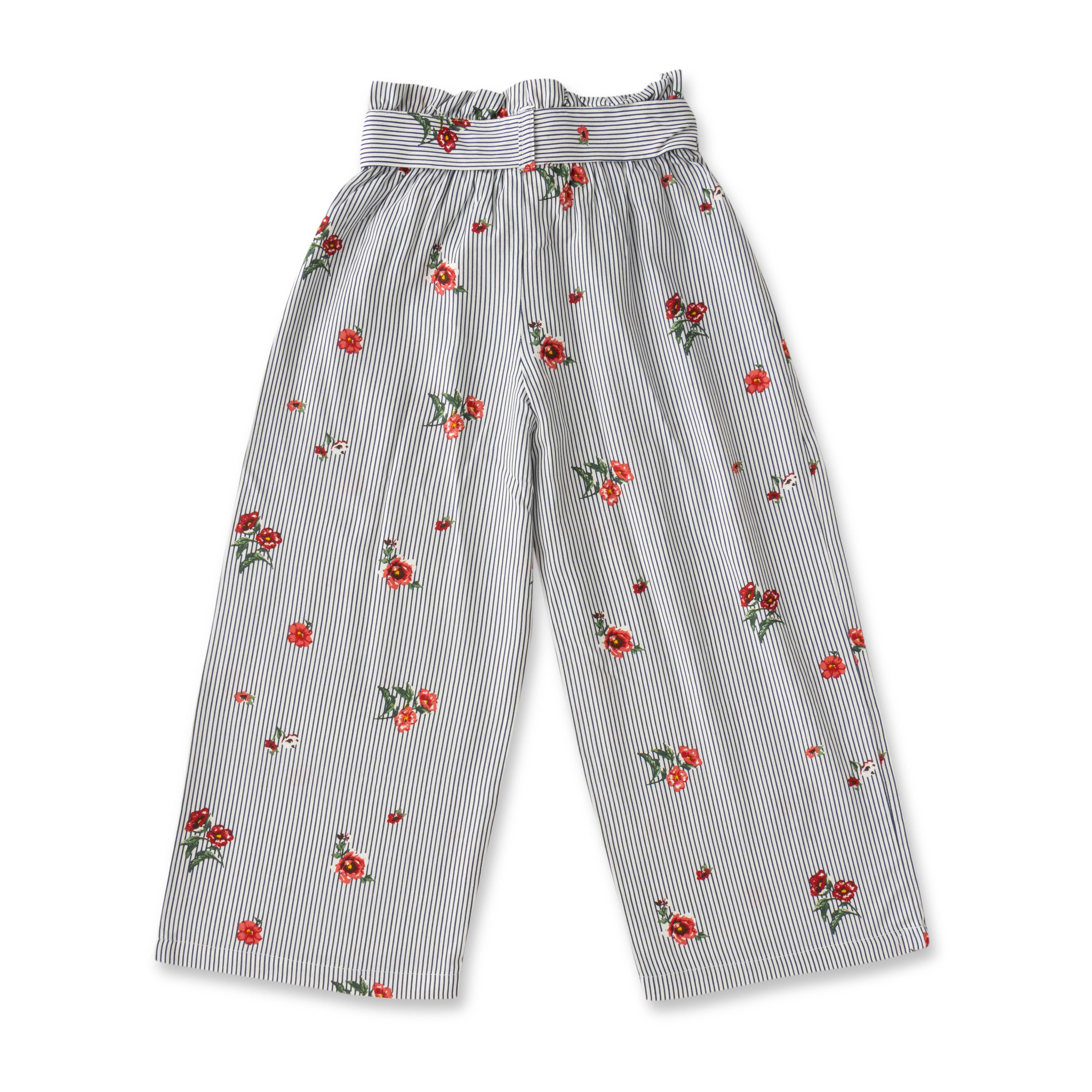 Girl's High-Waist Paperbag Pants - Striped & Floral Print, Wide-Leg with Tie Belt