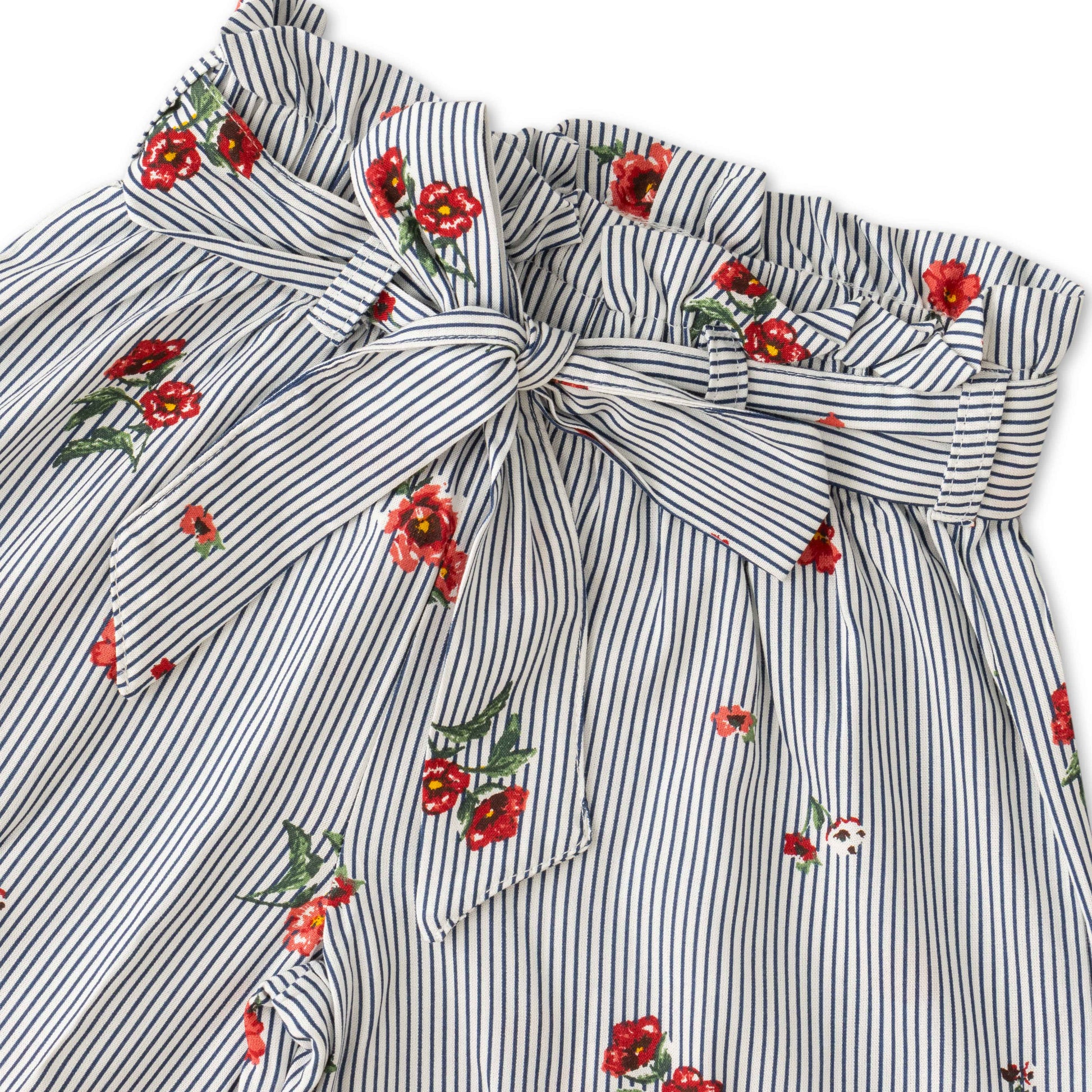Girl's High-Waist Paperbag Pants - Striped & Floral Print, Wide-Leg with Tie Belt